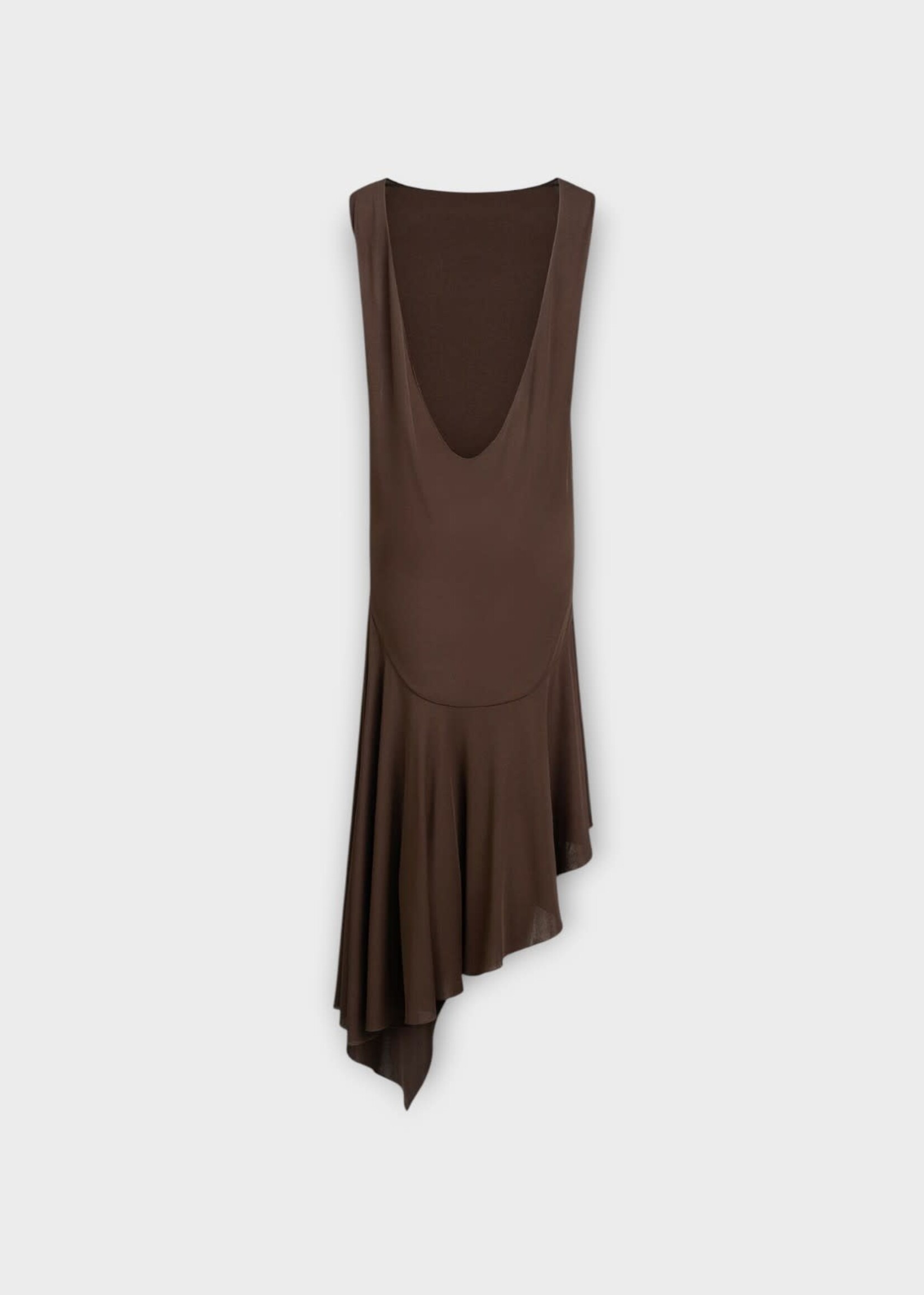 Alaia Alaia Dress, Brown, Crew Neck Sleeveless Open Back Asymmetric Dress In Marron Fonce