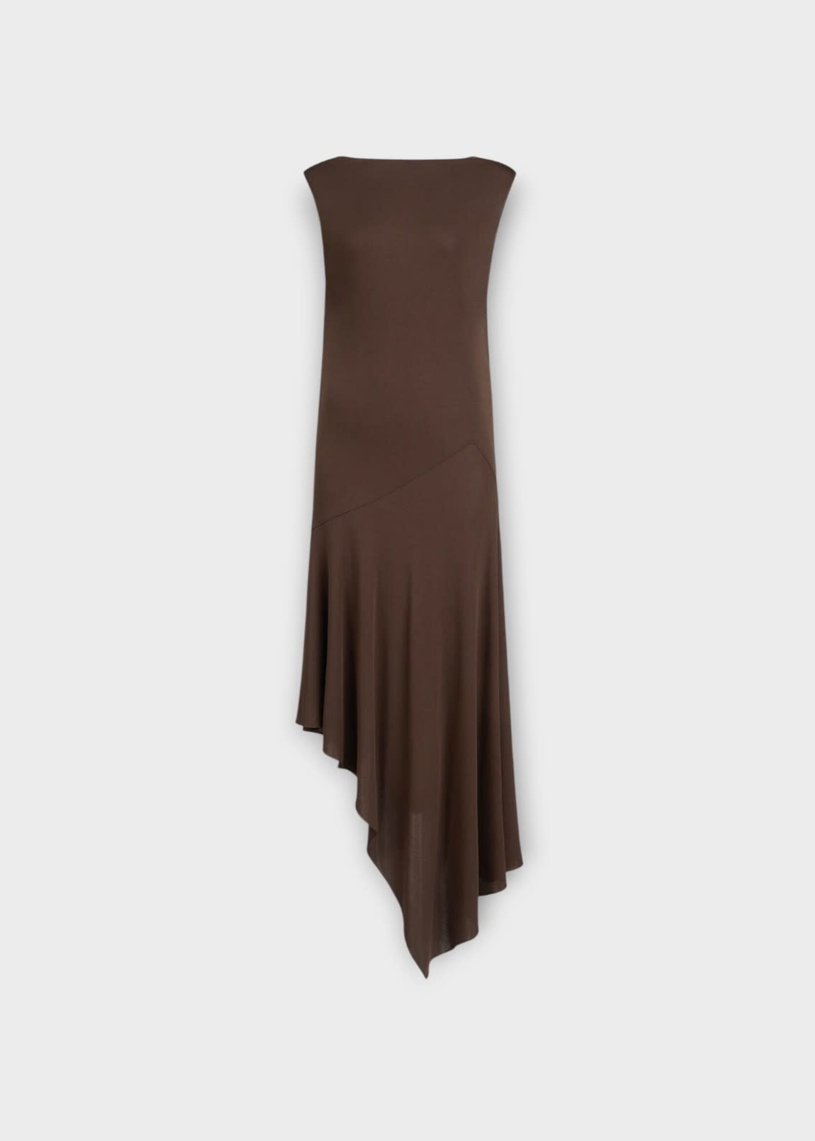 Alaia Alaia Dress, Brown, Crew Neck Sleeveless Open Back Asymmetric Dress In Marron Fonce