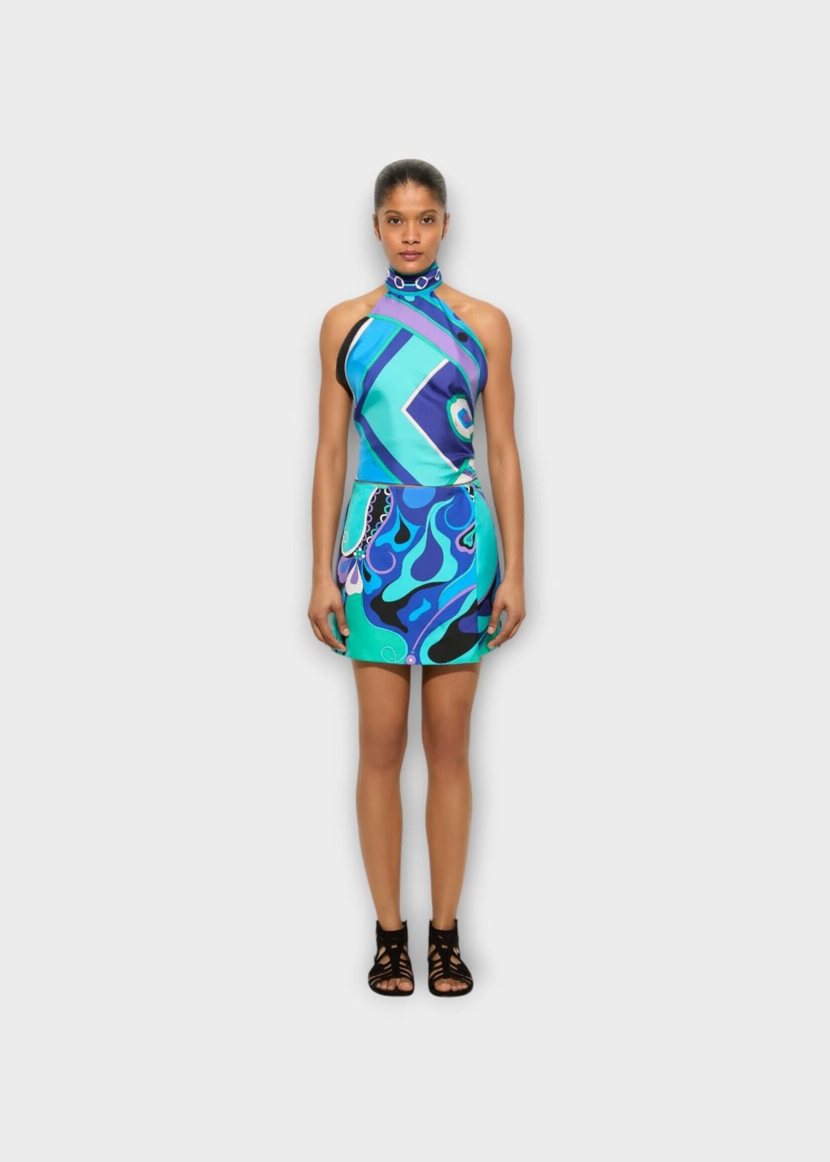 Pucci Pucci Skirt, Print, Silk Wrap Mini Skirt In Turquoise & Blue w/ Orchidee Print