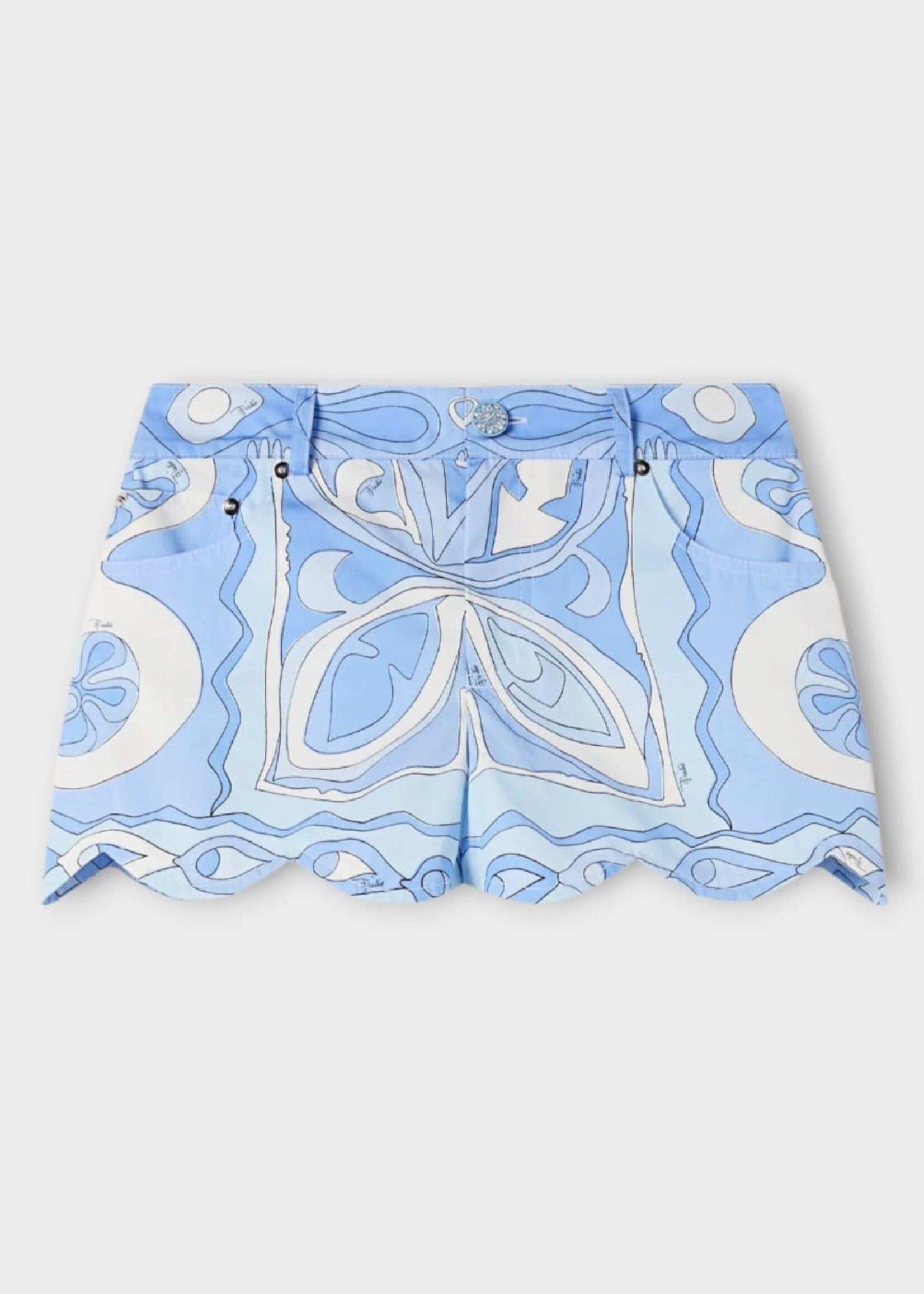 Pucci Pucci Shorts, Print, Cotton Scallop Trim Mini Shorts In Pale Blue w/ Angoli Print