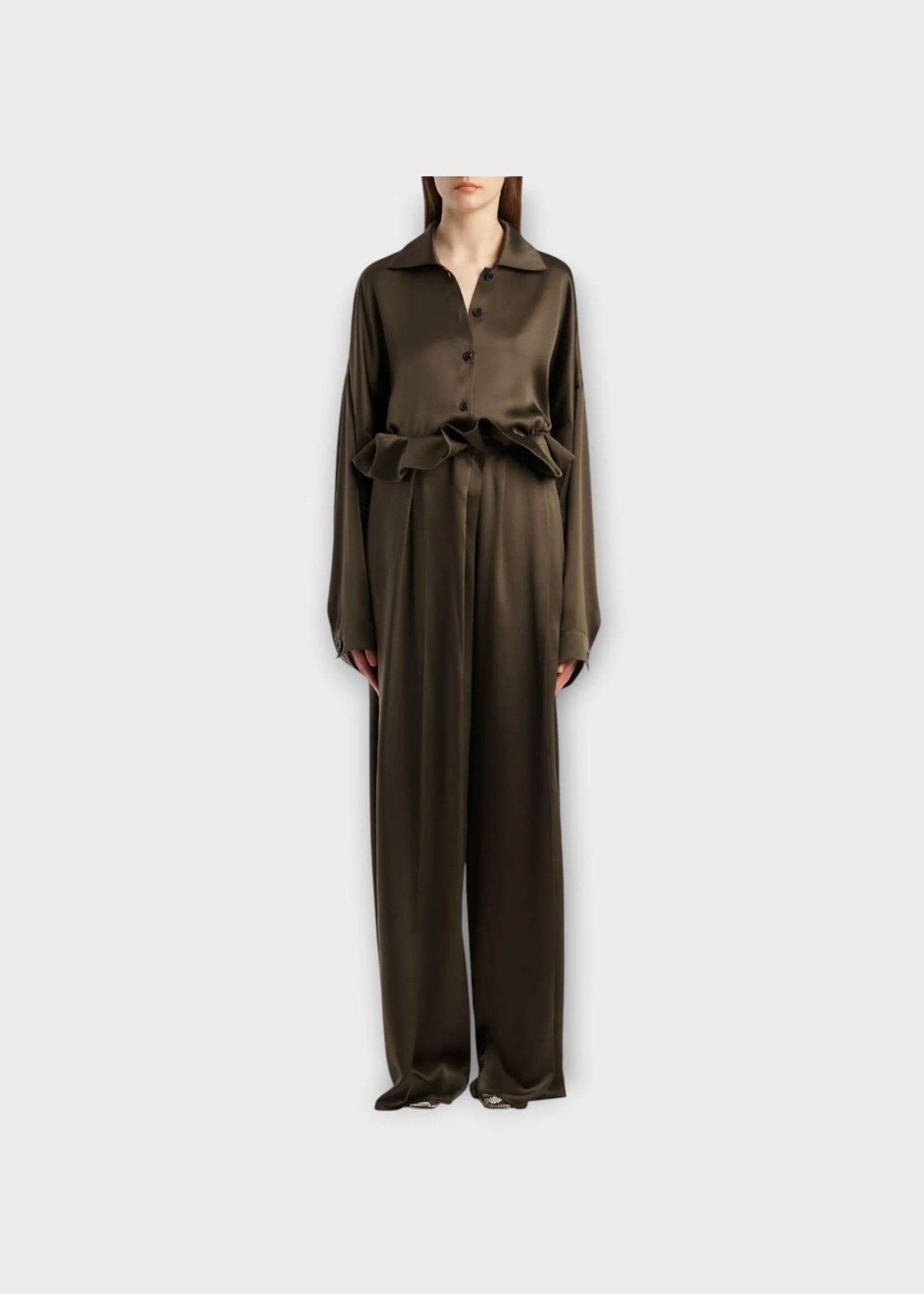 Khaite Khaite Top, Green, Bodine Silk Vintage Washed Button Up Top In Dark Olive