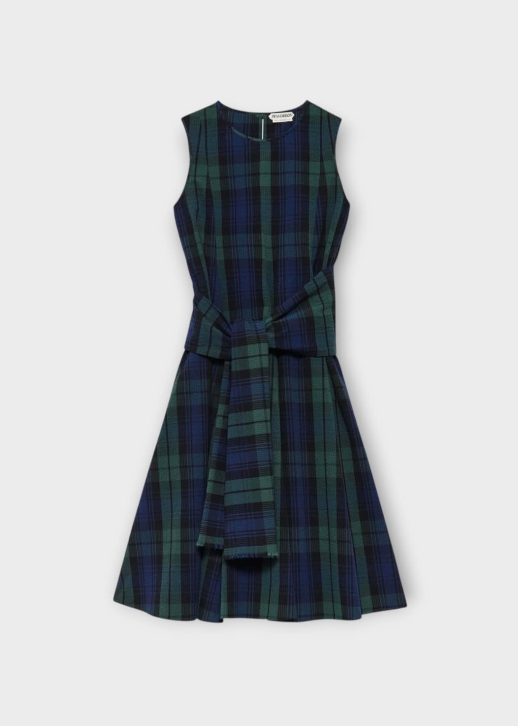 J.W. Anderson J.W.Anderson Dress, Print, Cotton Cloque Sleeveless Dress in Check Navy & Green w/ Waist Tie