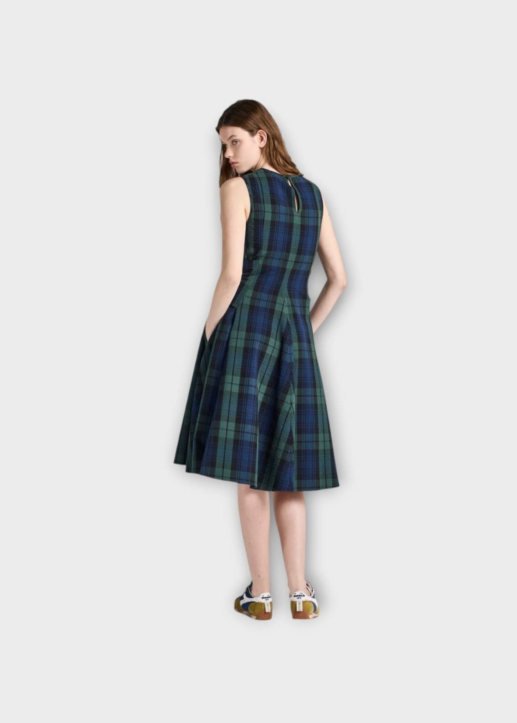 J.W. Anderson J.W.Anderson Dress, Print, Cotton Cloque Sleeveless Dress in Check Navy & Green w/ Waist Tie