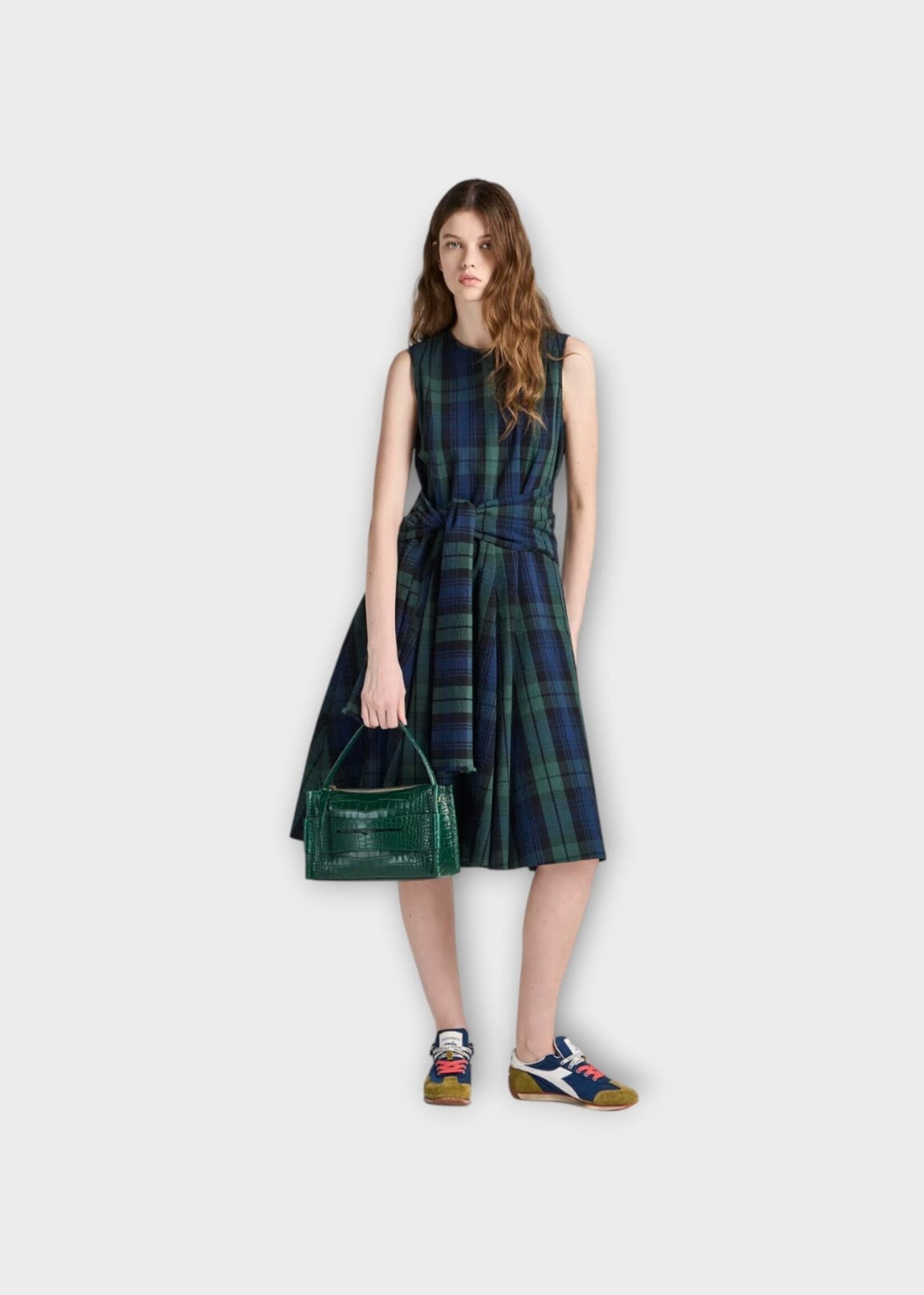 J.W. Anderson J.W.Anderson Dress, Print, Cotton Cloque Sleeveless Dress in Check Navy & Green w/ Waist Tie