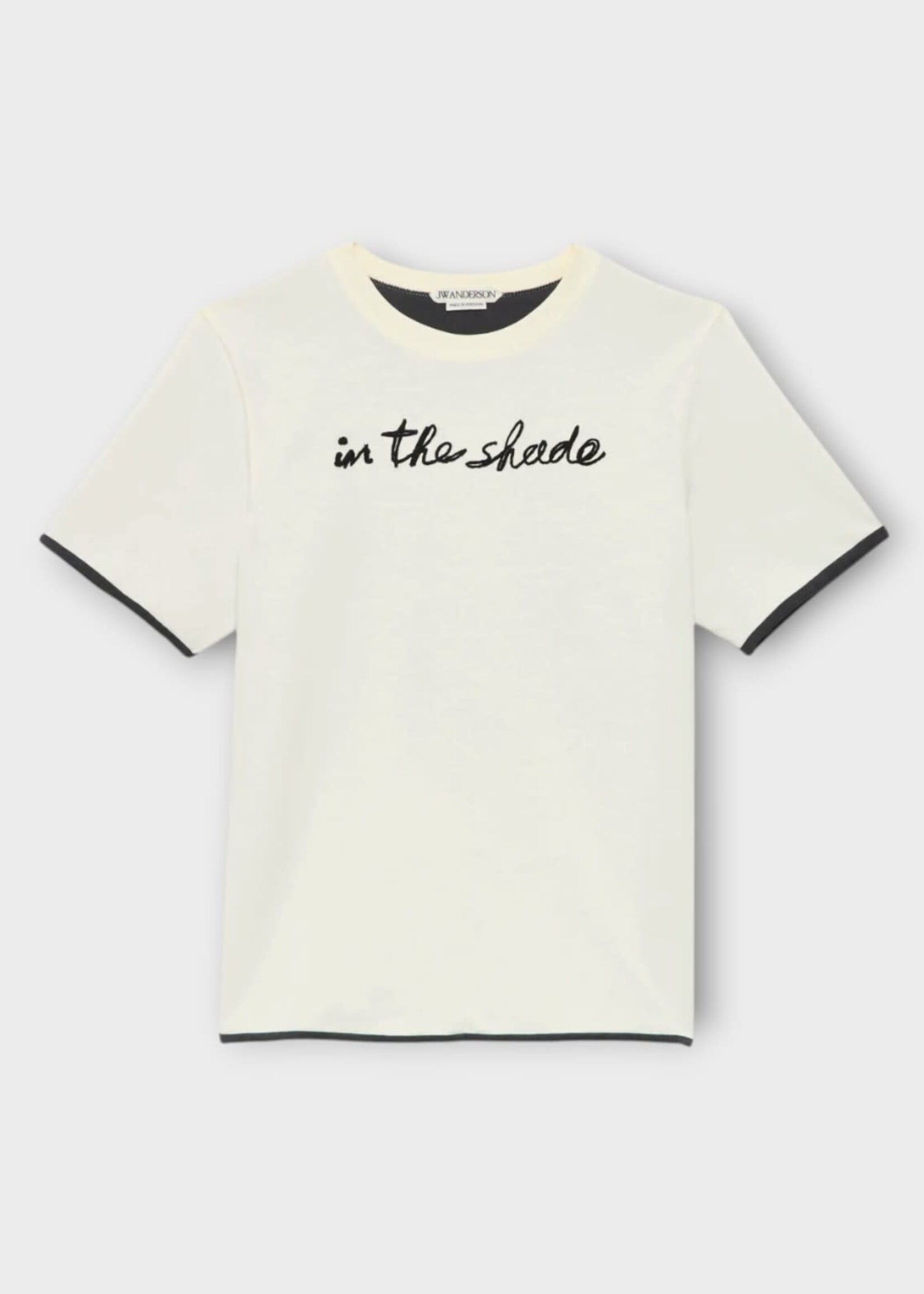 J.W. Anderson J.W.Anderson T-Shirt, White, Cotton Crew Neck T-Shirt In Ecru & Washed Black w/ " In The Shade " Embroidery