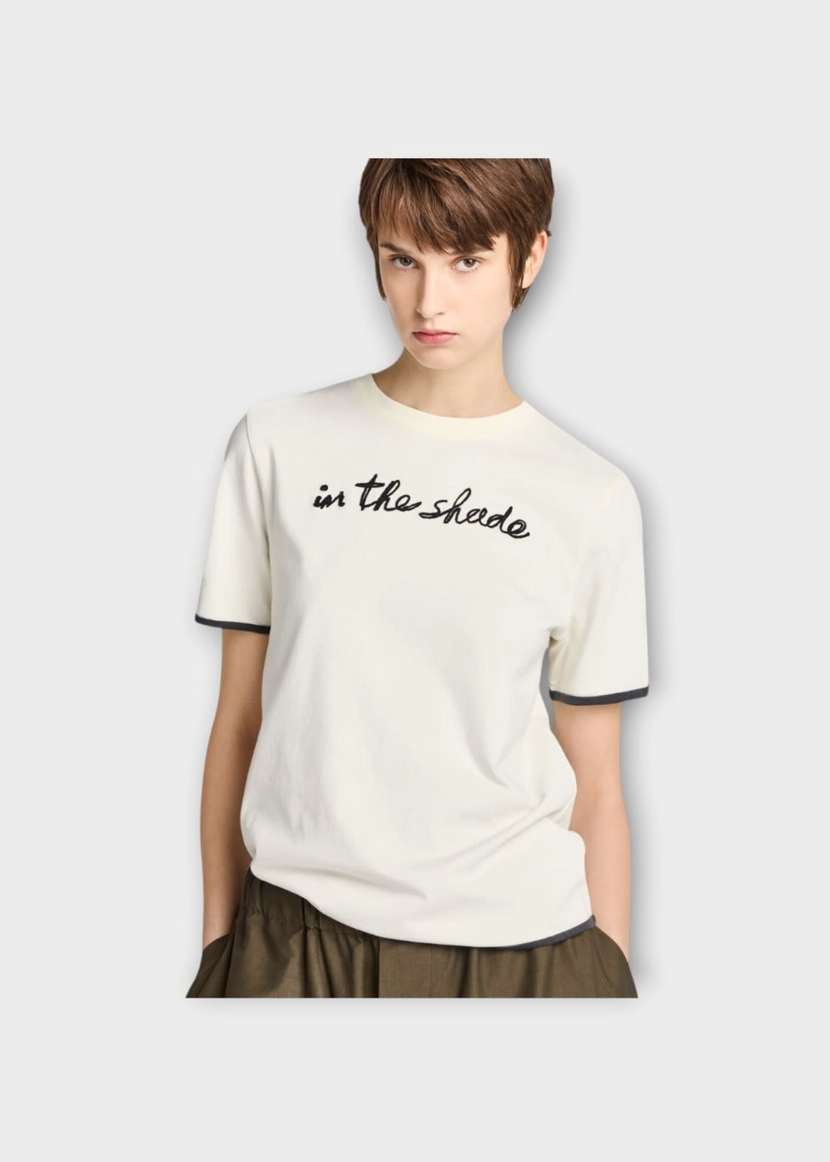 J.W. Anderson J.W.Anderson T-Shirt, White, Cotton Crew Neck T-Shirt In Ecru & Washed Black w/ " In The Shade " Embroidery