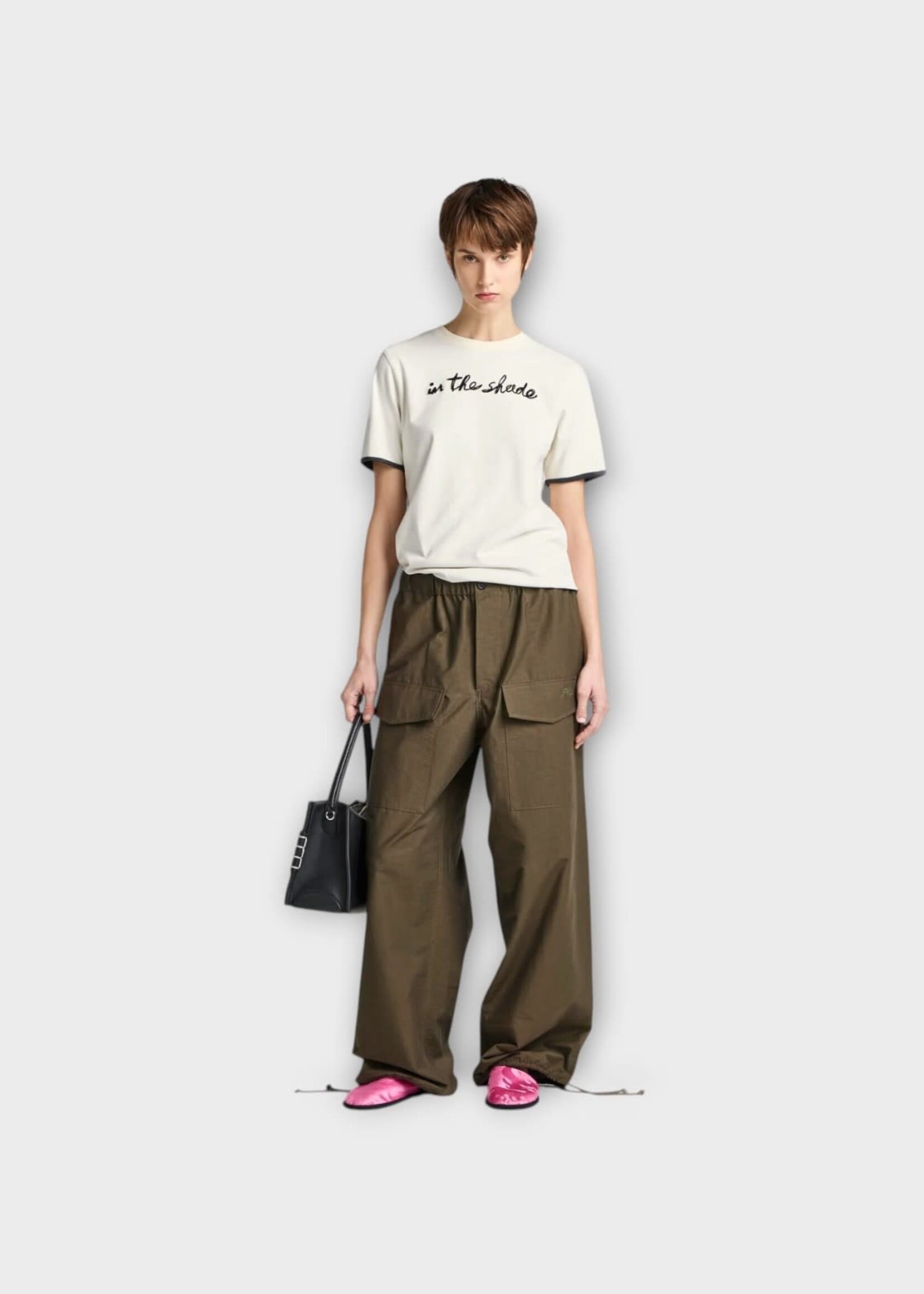 J.W. Anderson J.W.Anderson T-Shirt, White, Cotton Crew Neck T-Shirt In Ecru & Washed Black w/ " In The Shade " Embroidery