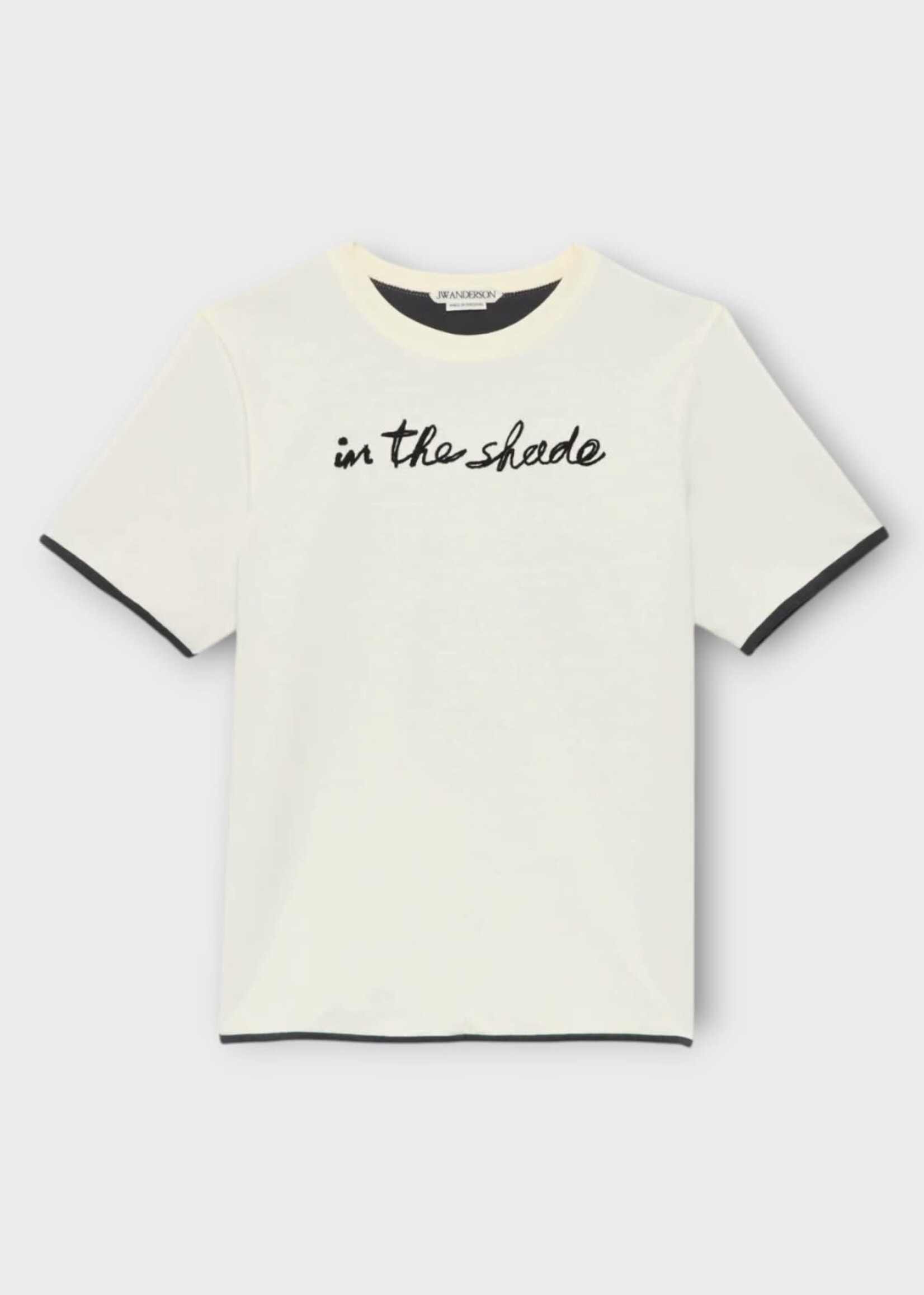 J.W. Anderson J.W.Anderson T-Shirt, White, Cotton Crew Neck T-Shirt In Ecru & Washed Black w/ " In The Shade " Embroidery