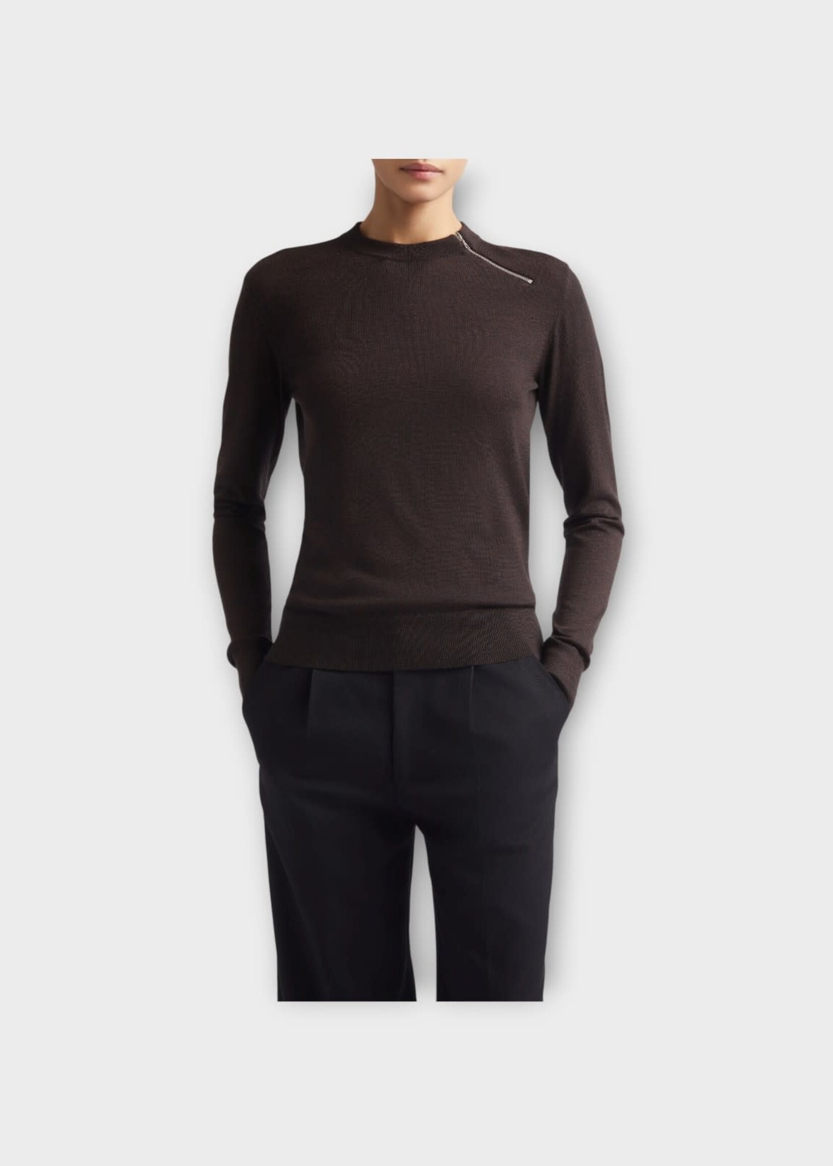 Partow Partow Knitwear, Brown, Bea Wool Crew Neck Sweater In Espresso w/ Zip Detail