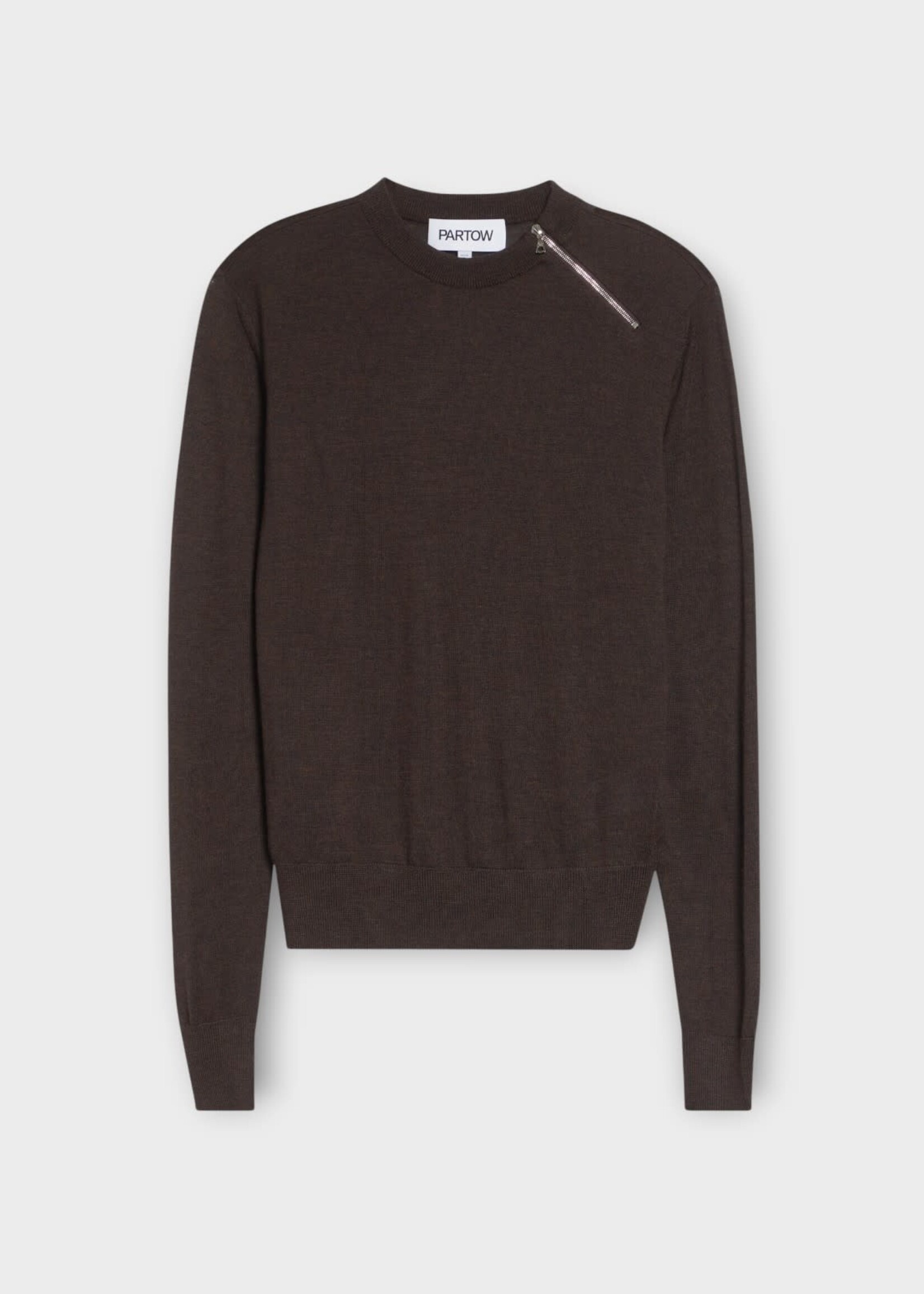Partow Partow Knitwear, Brown, Bea Wool Crew Neck Sweater In Espresso w/ Zip Detail
