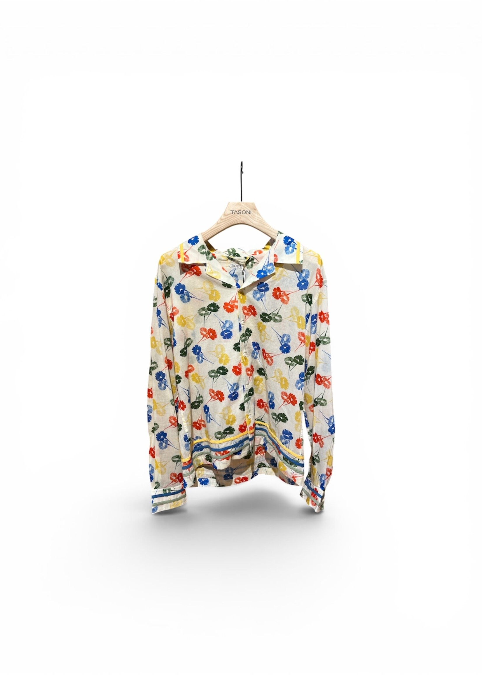 Bode Bode Shirt, Multi, Flower Stamp Collared Button Up Long Sleeve Shirt In White & Multicolour Flower Print