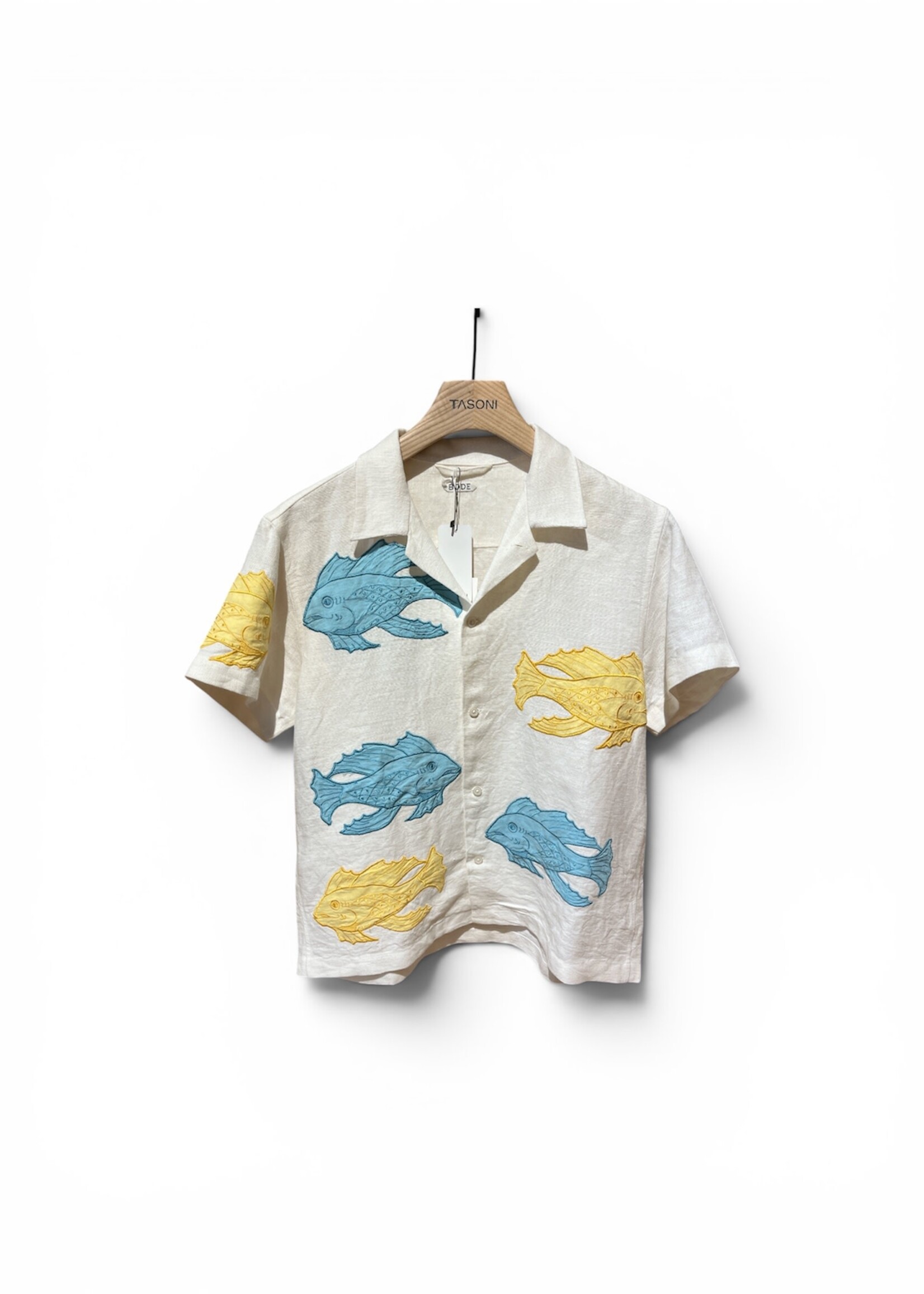 Bode Bode Shirt, Multi, Linen Collared Button Up Short Sleeve Shirt In White w/ Fishes Patches