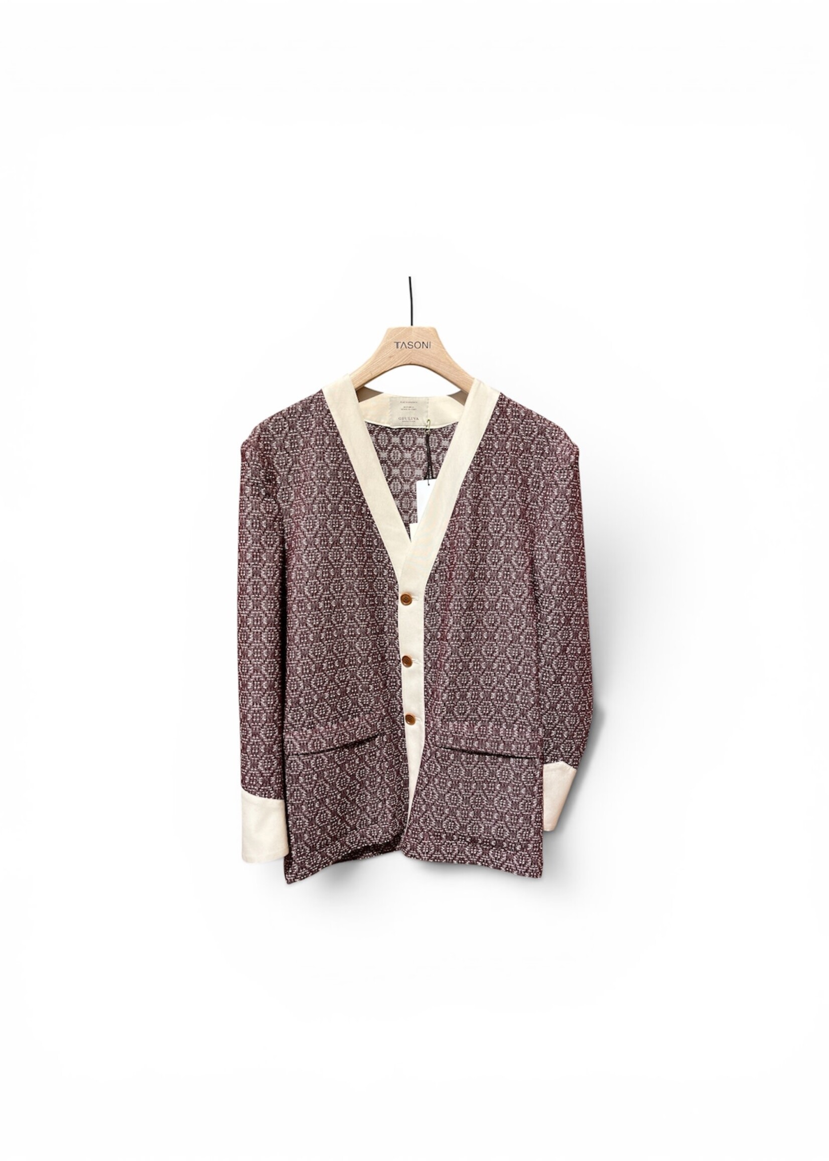 Giuliva Heritage Giuliva Heritage Jacket ,Red, Pablo Linen & Cashmere Mix V-Neck Button Up Textured Knitwear In Red Diamond Weave w/ Pockets