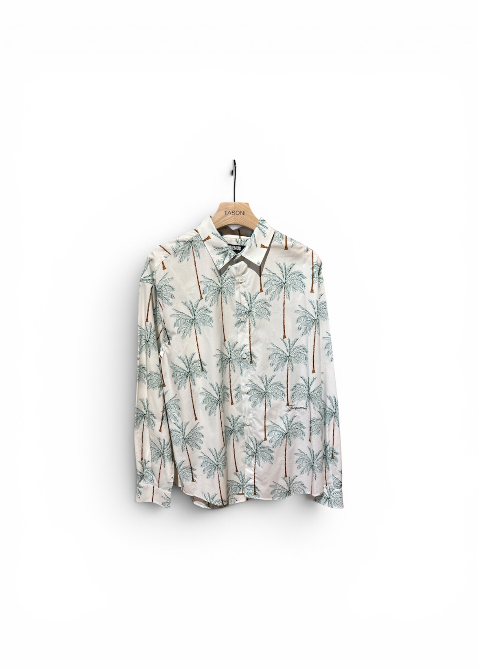 Jacquemus Jacquemus Shirt, Print, La Chemise Simon Cotton Collared Shirt in White w/ Palm trees Drawing Print