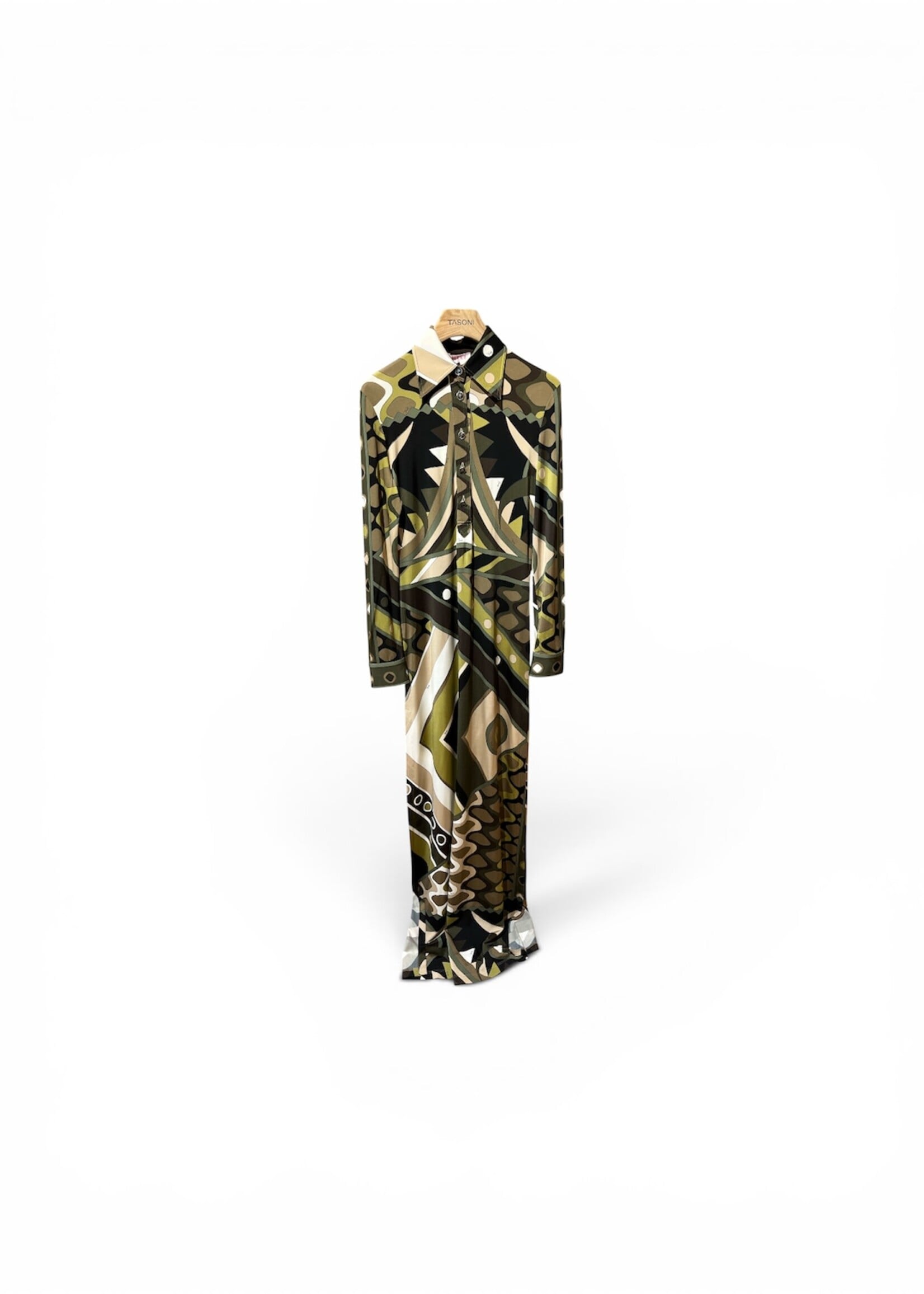 Emilio Pucci Emilio Pucci Dress, Print, Satin Relaxed Fit Collared Button Up Long Shirt Dress In Khaki & Brown w/ Vivara Print