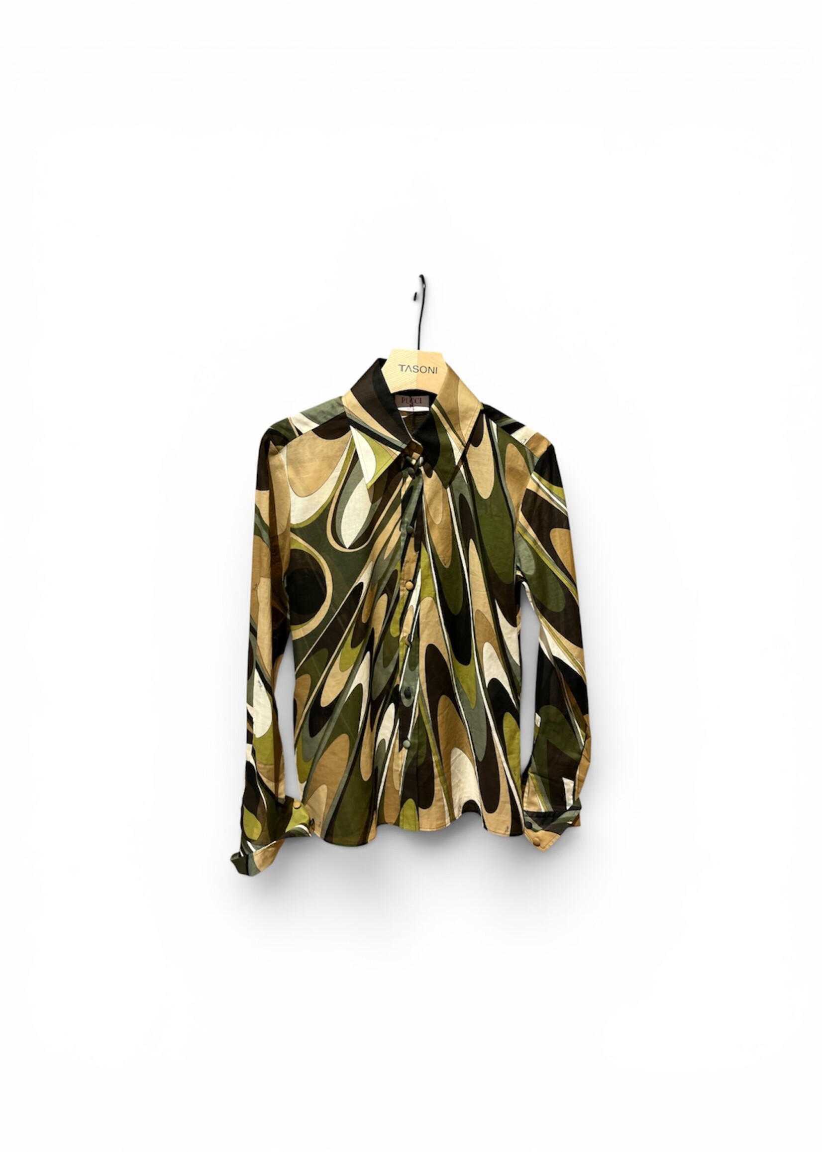 Emilio Pucci Emilio Pucci Shirt, Print, Cotton Muslin Fitted Shirt In Khaki w/ Abstract Print