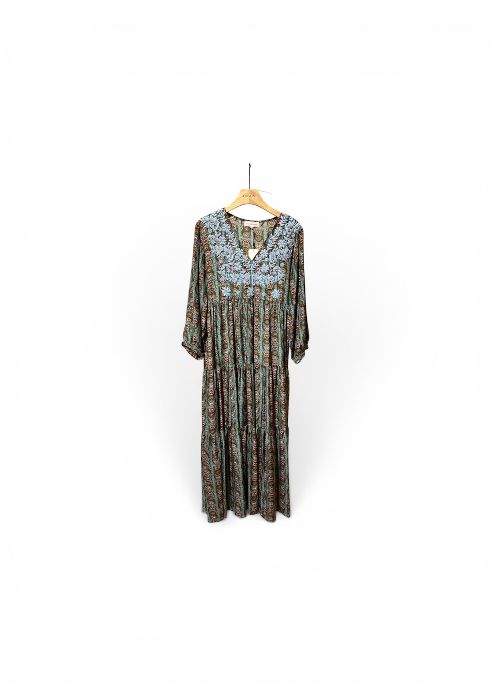 Muzungu Sisters Muzungu Sisters Dress, Print, Frangipani Dress Silk V-Neck Long Sleeve Long Dress in Blue w/ Serpent Ocean Print & Light Blue Embroidery