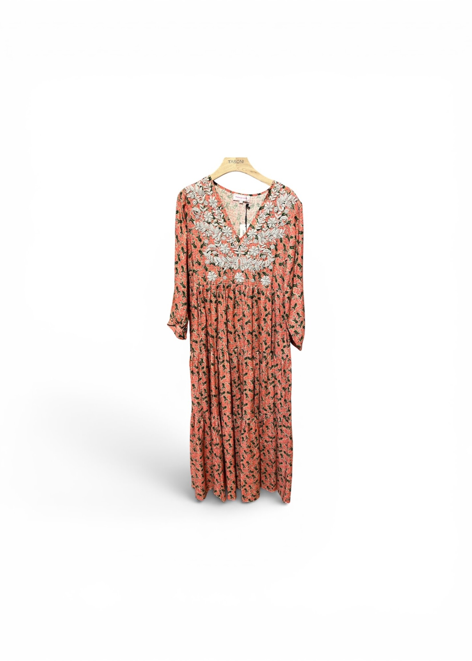 Muzungu Sisters Muzungu Sisters Dress, Print, Frangipani Linen V-Neck Long Sleeve Long Dress in Pink  w/ Frog Blossom Print & Grey Embroidery