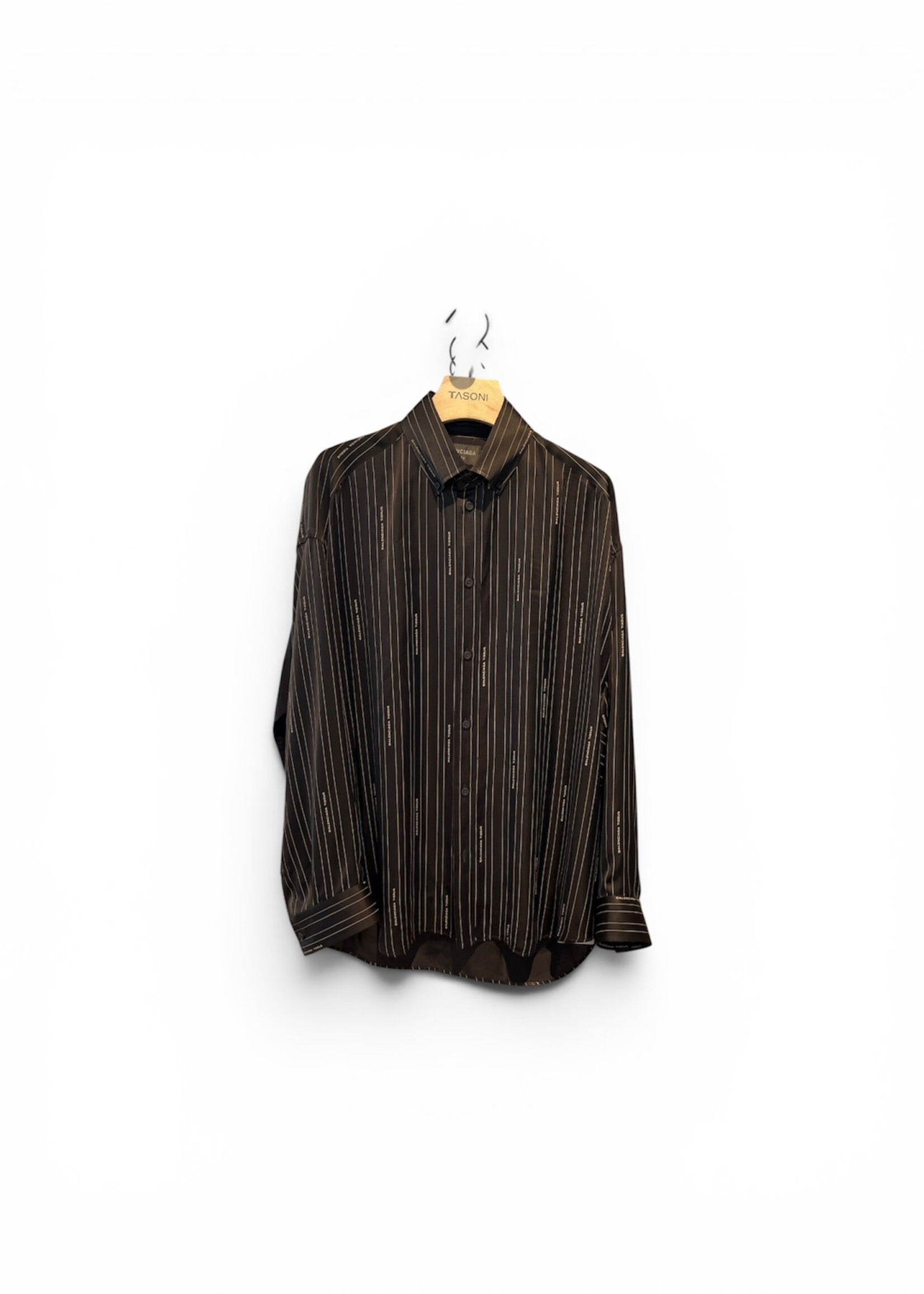 Balenciaga Balenciaga Shirt, Multi, Collared Button Up Striped Pyjama Shirt in Black & Camel