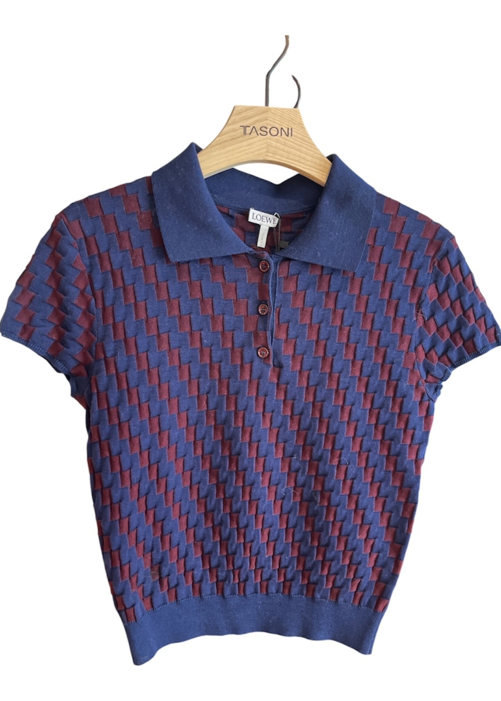 Loewe Loewe Polo, Multi, 3D Cotton Jacquard Fitted Collared Polo Sweater in Burgundy & Navy