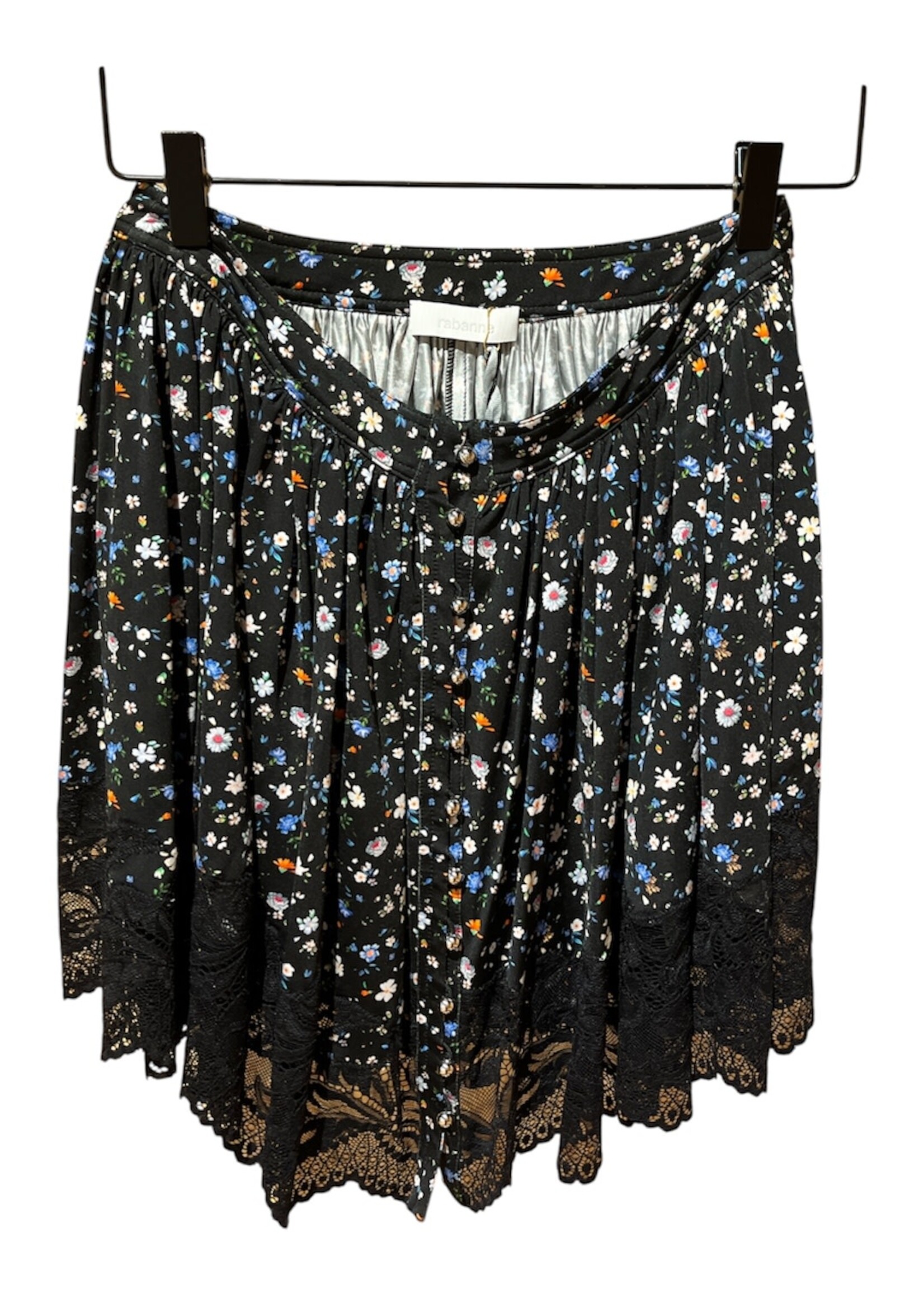 Rabanne Rabanne Skirt, Print, Buttoned Mini Skirt In Black w/ Flower Print & Lace Detail