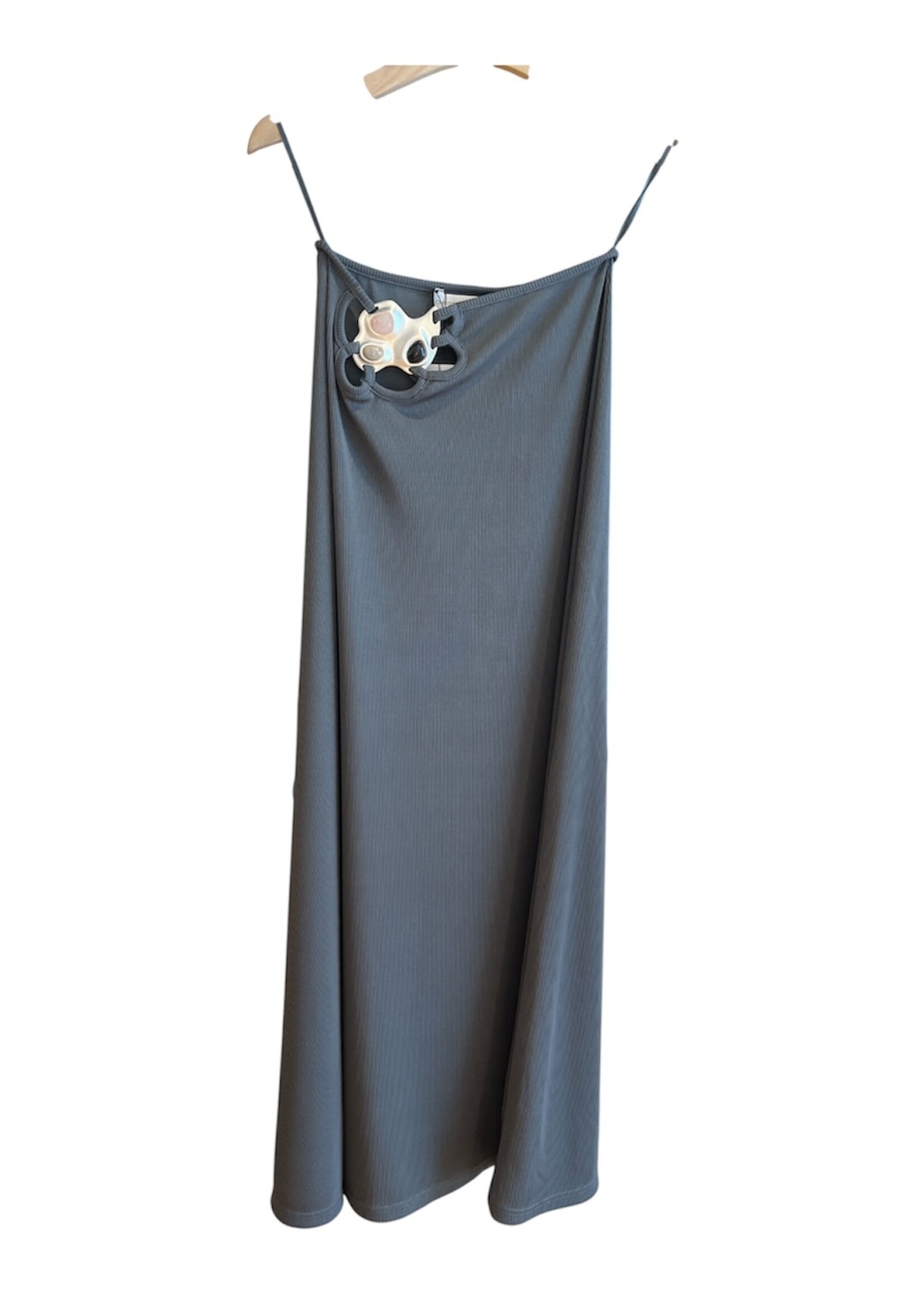 Christopher Esber Christopher Esber Skirt, Grey, Trio Ribbed High Waist Long Skirt In Steel w/ Stone Embellishment