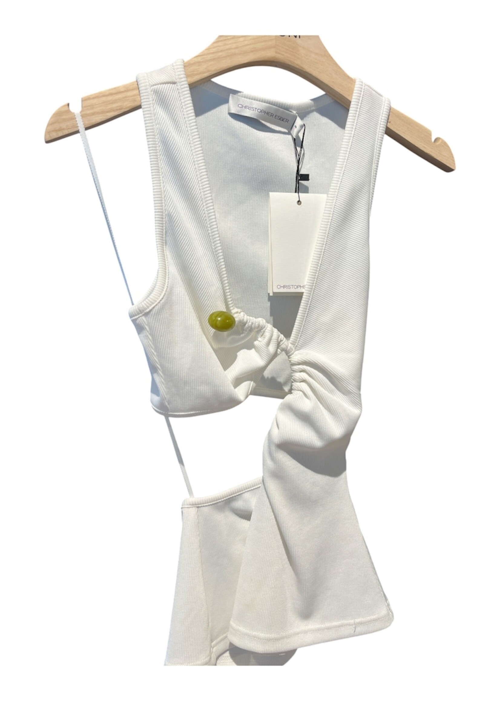 Christopher Esber Christopher Esber Top, White, Arc V-Neck Asymmetric Tank Top In White w/ Cut Out Detail & Natural Stone