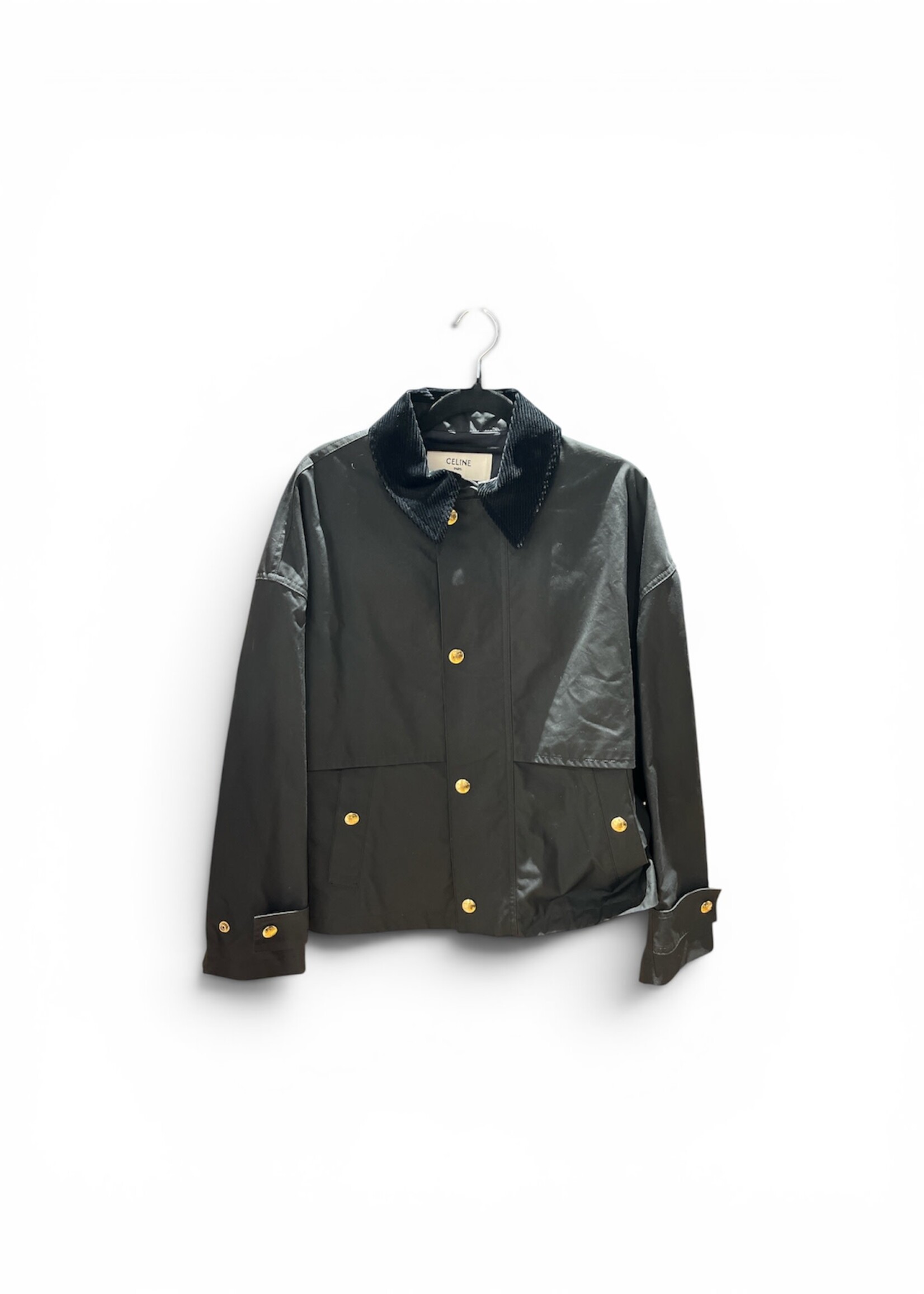 Celine Celine Jacket, Black, Corduroy Collar Button Up Waxed Cotton Jacket