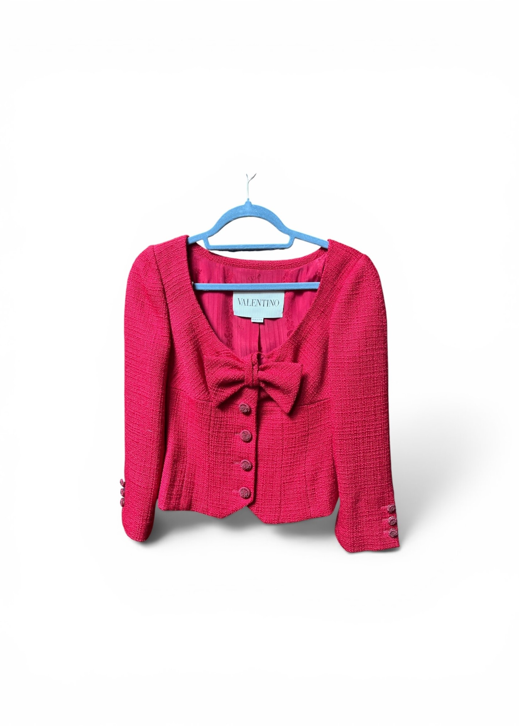 Valentino Valentino Jacket, Red, Plain Wool Tweed Wide Neckline Buttoned Jacket In Paris w/ Bow Detail #18