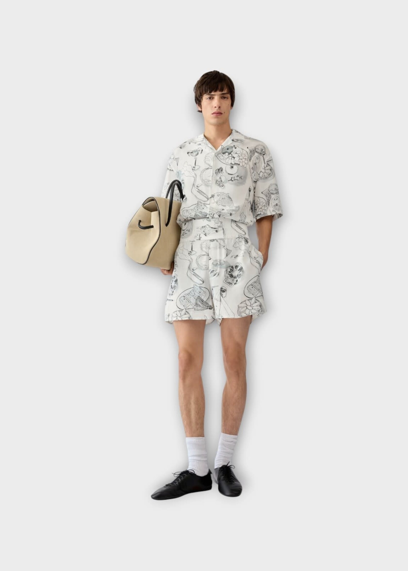 Jacquemus Jacquemus Shorts, Print, Le Boxer Cotton Elasticated Waist Shorts in Off-White & Black w/ Table Print