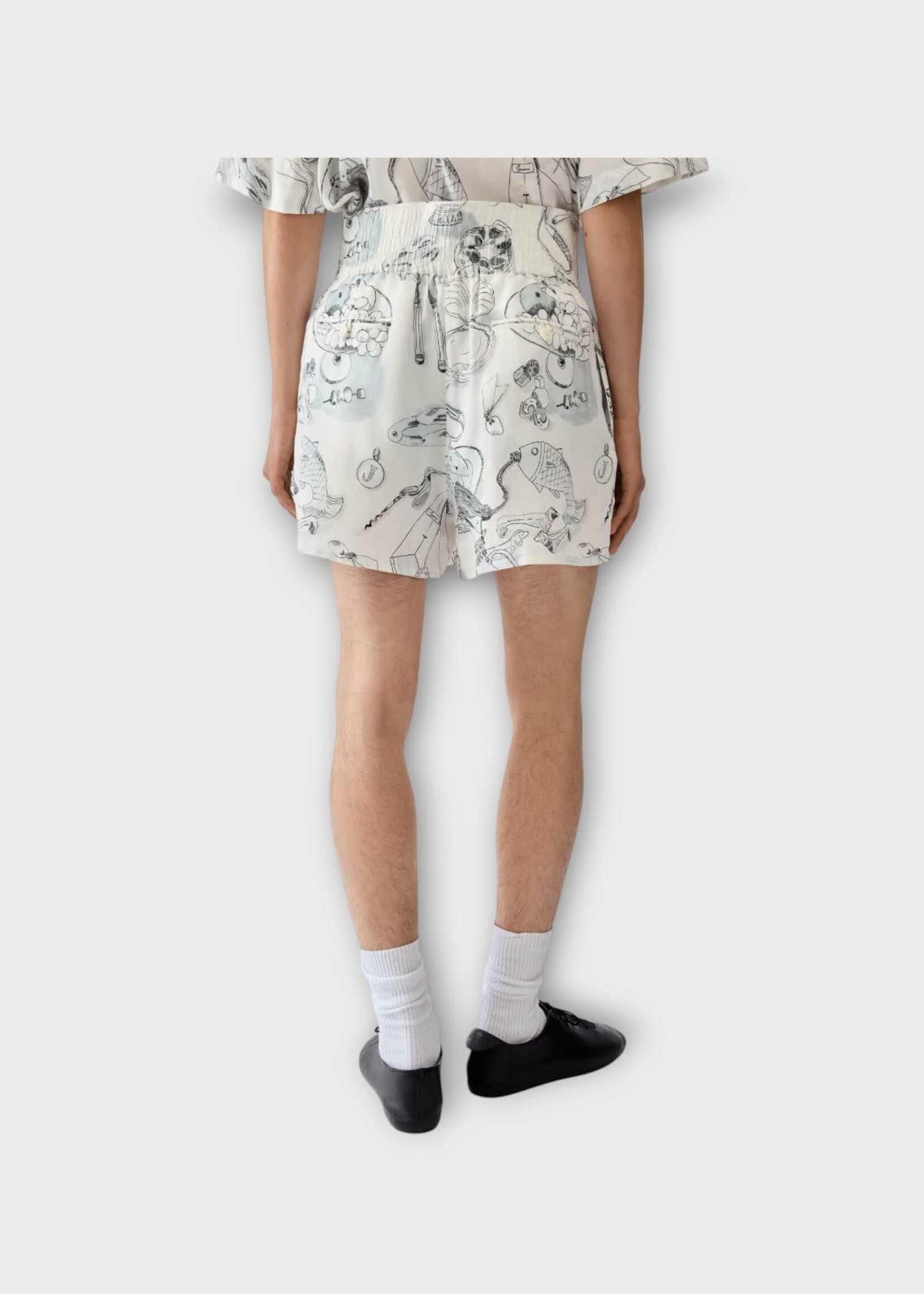 Jacquemus Jacquemus Shorts, Print, Le Boxer Cotton Elasticated Waist Shorts in Off-White & Black w/ Table Print