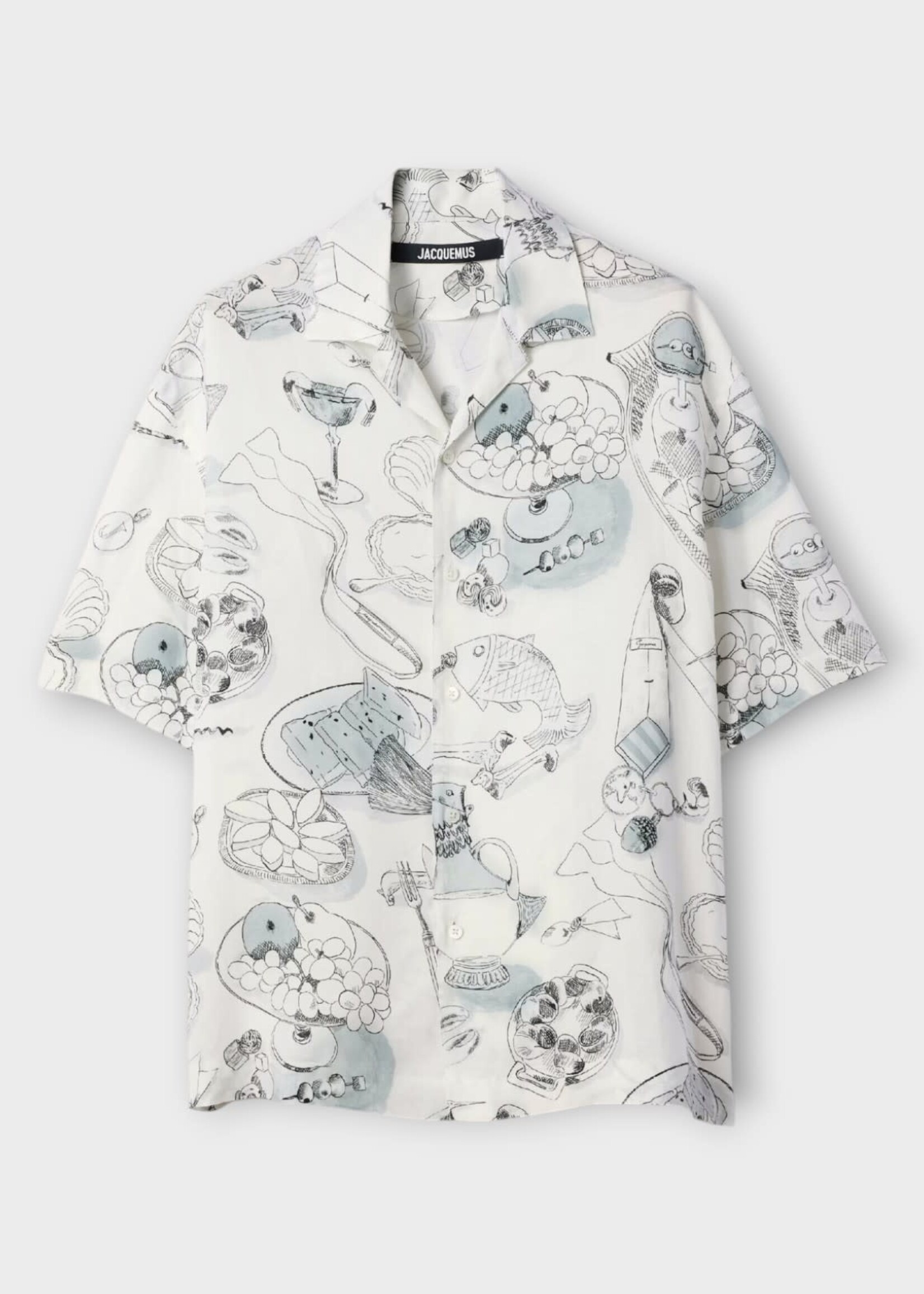 Jacquemus Jacquemus Shirt, Print, La Chemise Cocktail Short Sleeve In Off-White & Black w/ Table Print