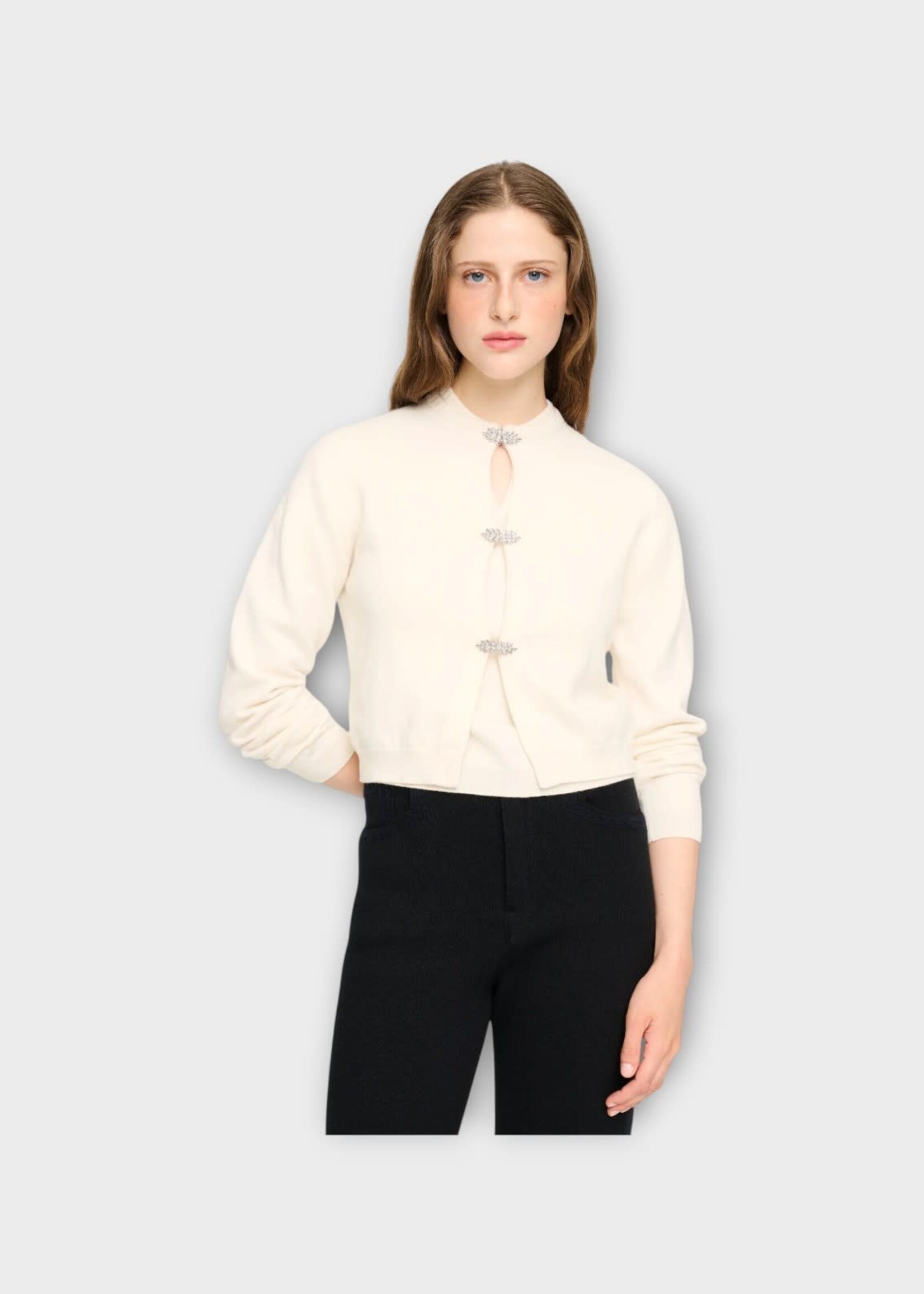 Barrie Barrie Knitwear, White, Cashmere Strass Cardigan In Niveous w/ Gem Detail