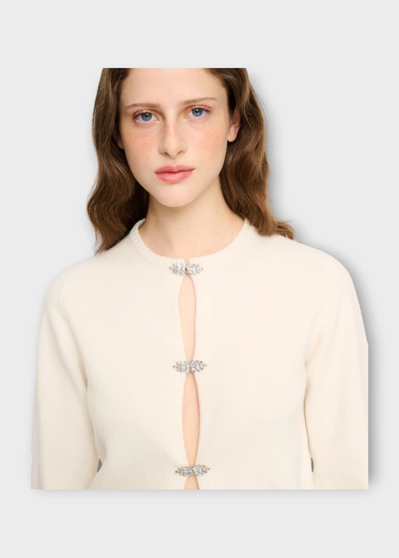 Barrie Barrie Knitwear, White, Cashmere Strass Cardigan In Niveous w/ Gem Detail