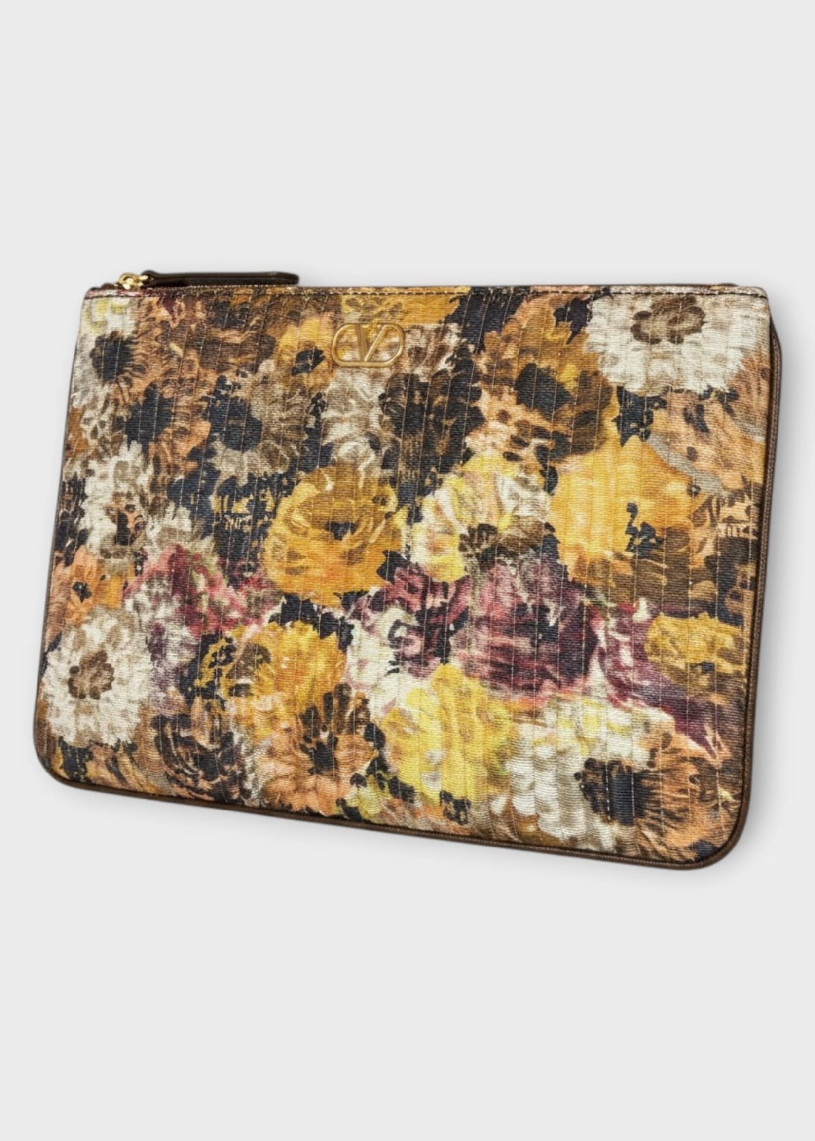 Valentino Valentino Bag, Multi, Medium Flat Pouch In Ochre  Ivory  & Tabak Brown w/ Flower Print