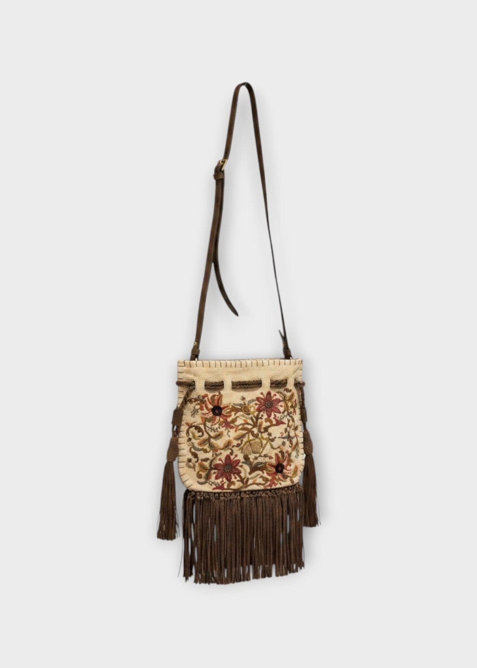 Valentino Valentino Bag, Multi, Small Embroidered Drawstring Bag In Natural Multicolor & Tabak Brown