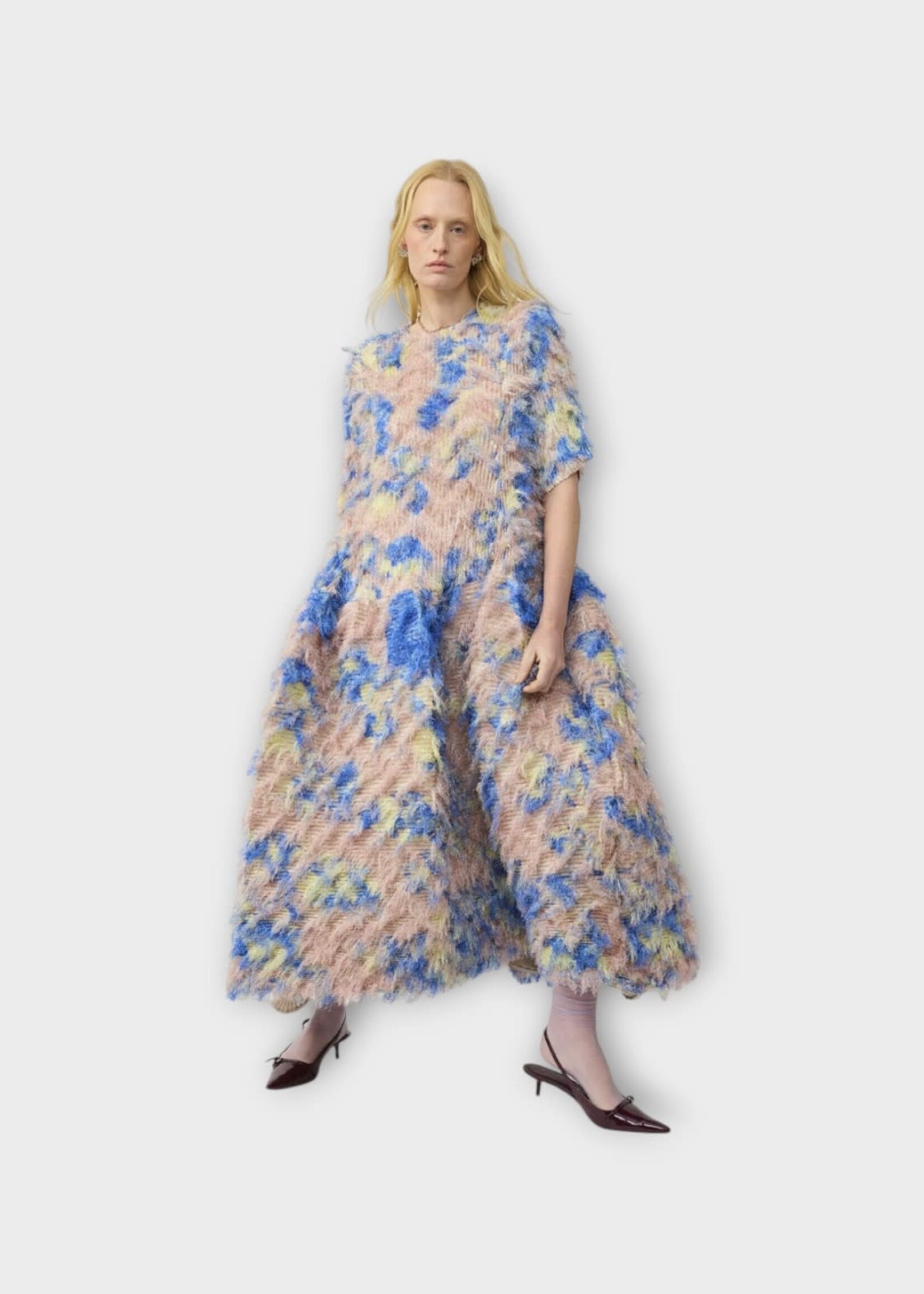 Julia Heuer Julia Heuer Dress, Print, Knox Short Sleeve Fuzzy Midi Dress in Pink Blue & Yellow w/ Ingrid Print