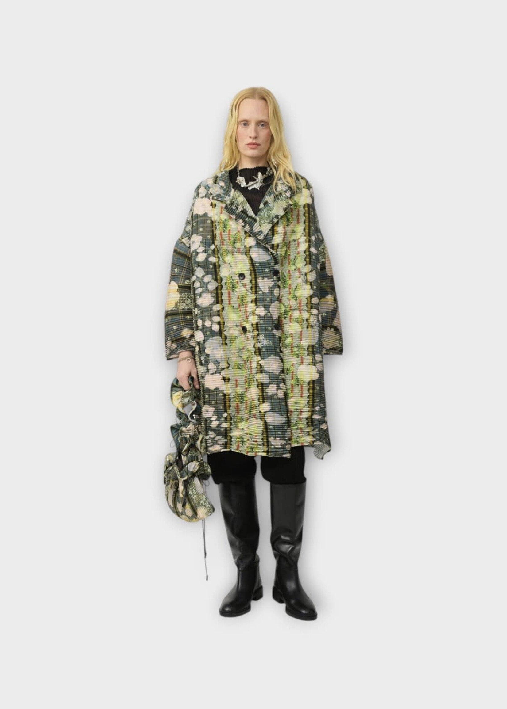 Julia Heuer Julia Heuer Coat, Print, Johan Heavy Crepe Pleated Coat in Black & Multicolor w/ Bruno Print