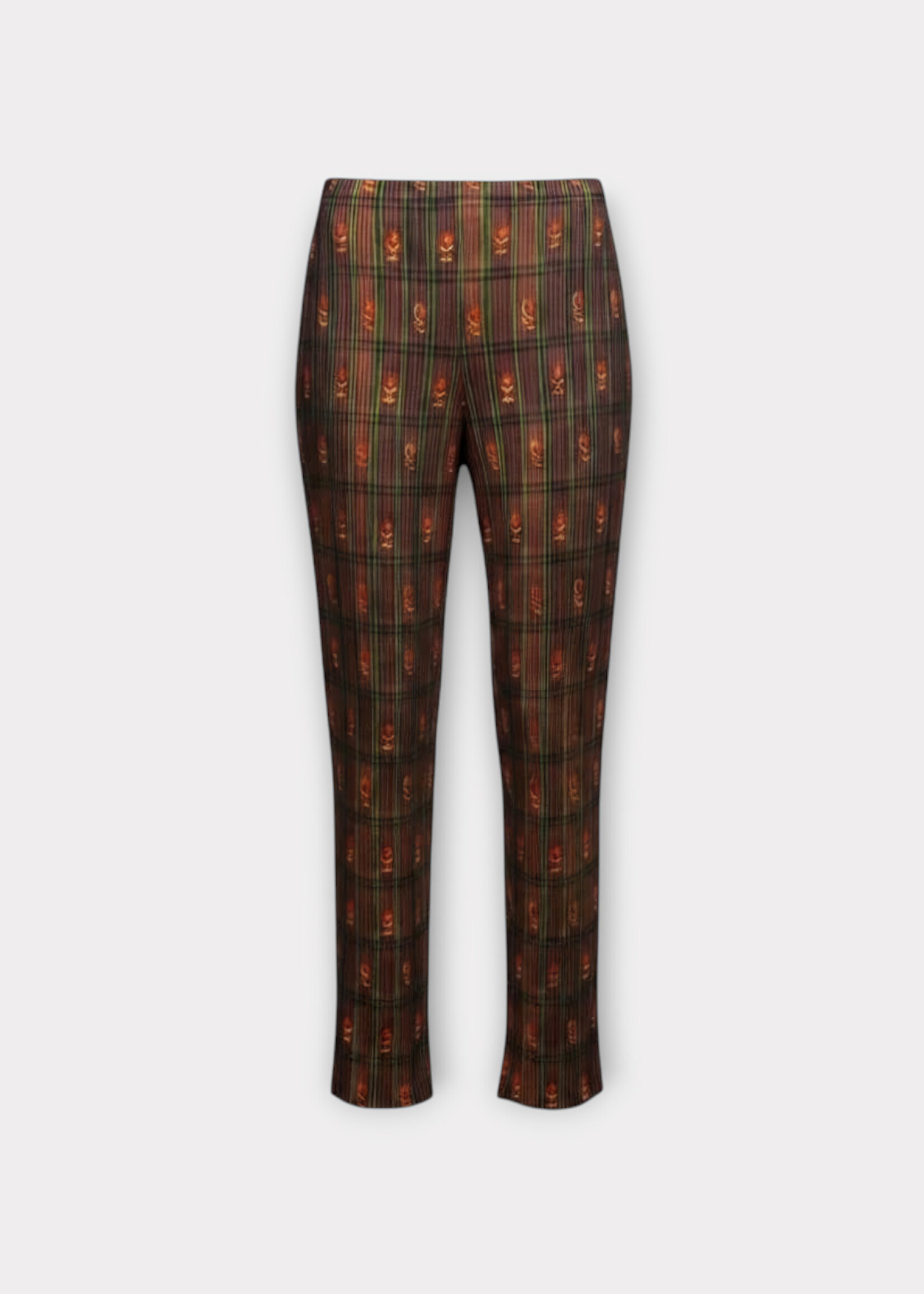 Julia Heuer Julia Heuer Trousers, Print, Jack Heavy Crepe Pleated Pants in Brown & Red w/ Roman Print