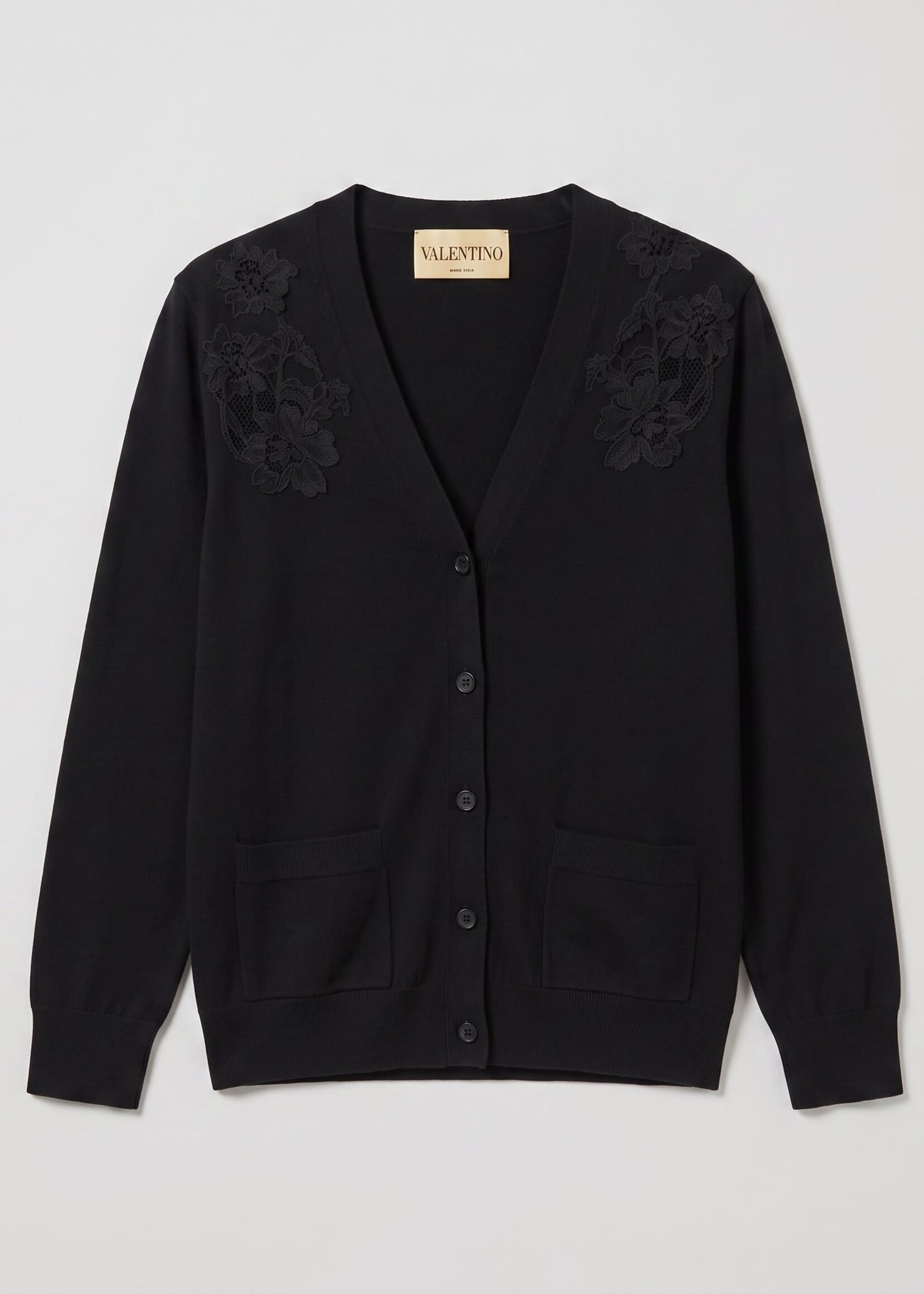 Valentino Valentino Cardigan, Black, Wool V-Neck Cardigan in Black w/ Floral Embroidery