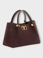 Valentino Valentino Bag, Brown, Small Tote Suede Vlogo Signature In Ebony Brown