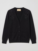 Valentino Valentino Cardigan, Black, Wool V-Neck Cardigan in Black w/ Floral Embroidery