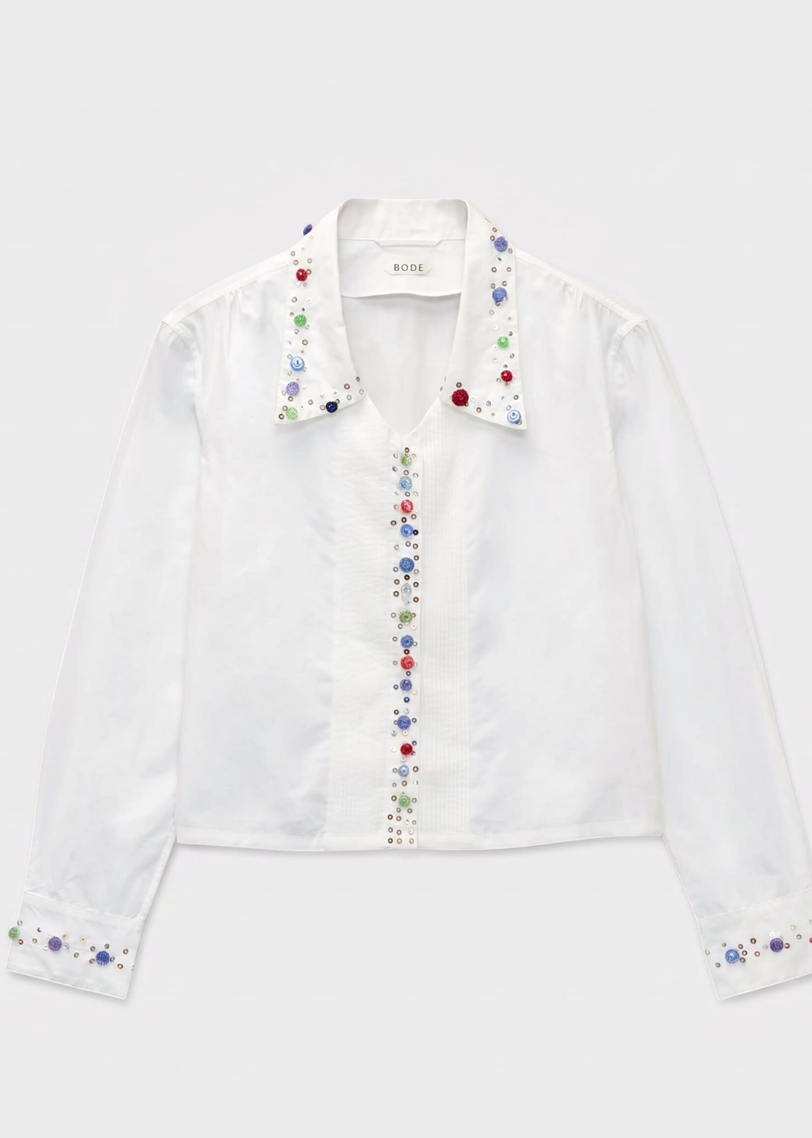 Bode Bode Shirt, White, Cotton Button Jar Shirt In White Multi w/ Studs & Multi Buttons