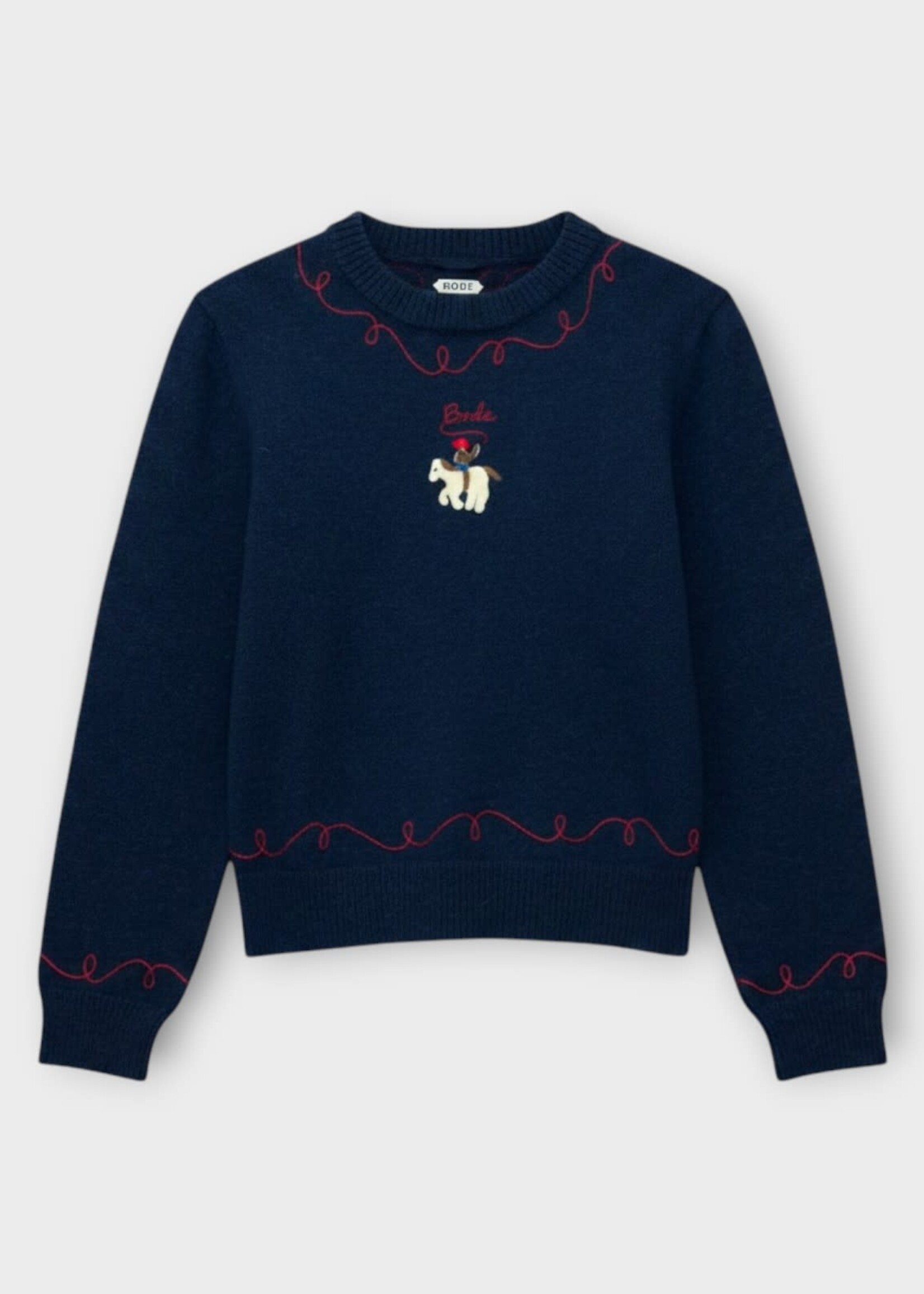 Bode Bode Knitwear, Navy, Alpaca Long Sleeve Crew Neck Pullover In Navy w/ Cowboy Embroidery