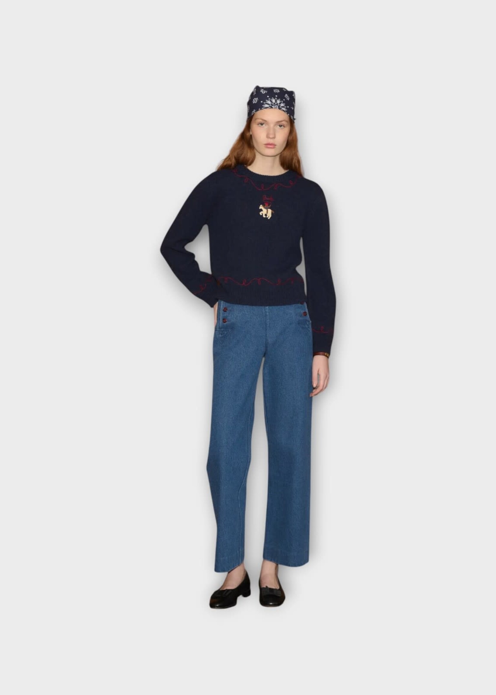 Bode Bode Knitwear, Navy, Alpaca Long Sleeve Crew Neck Pullover In Navy w/ Cowboy Embroidery