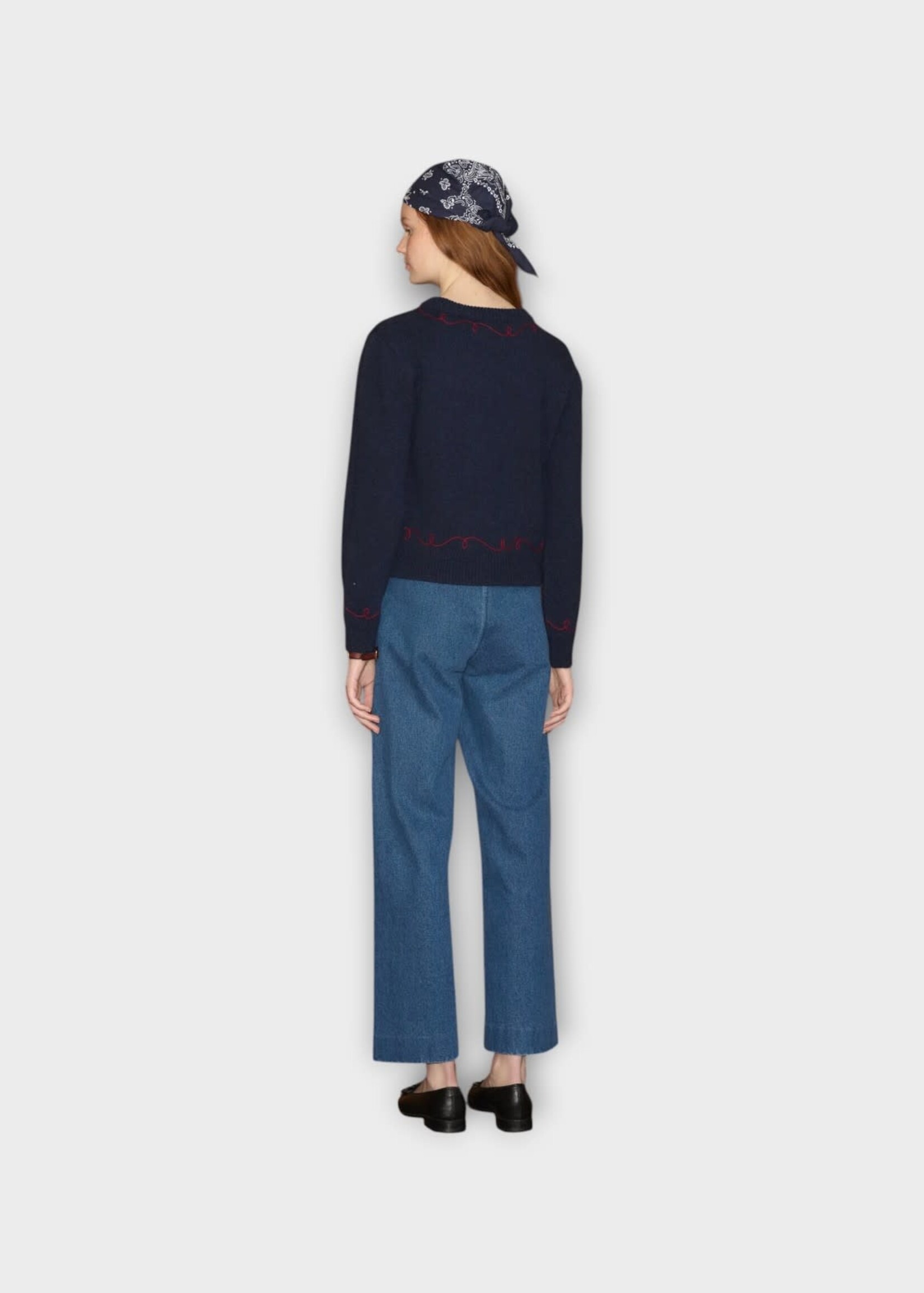 Bode Bode Knitwear, Navy, Alpaca Long Sleeve Crew Neck Pullover In Navy w/ Cowboy Embroidery