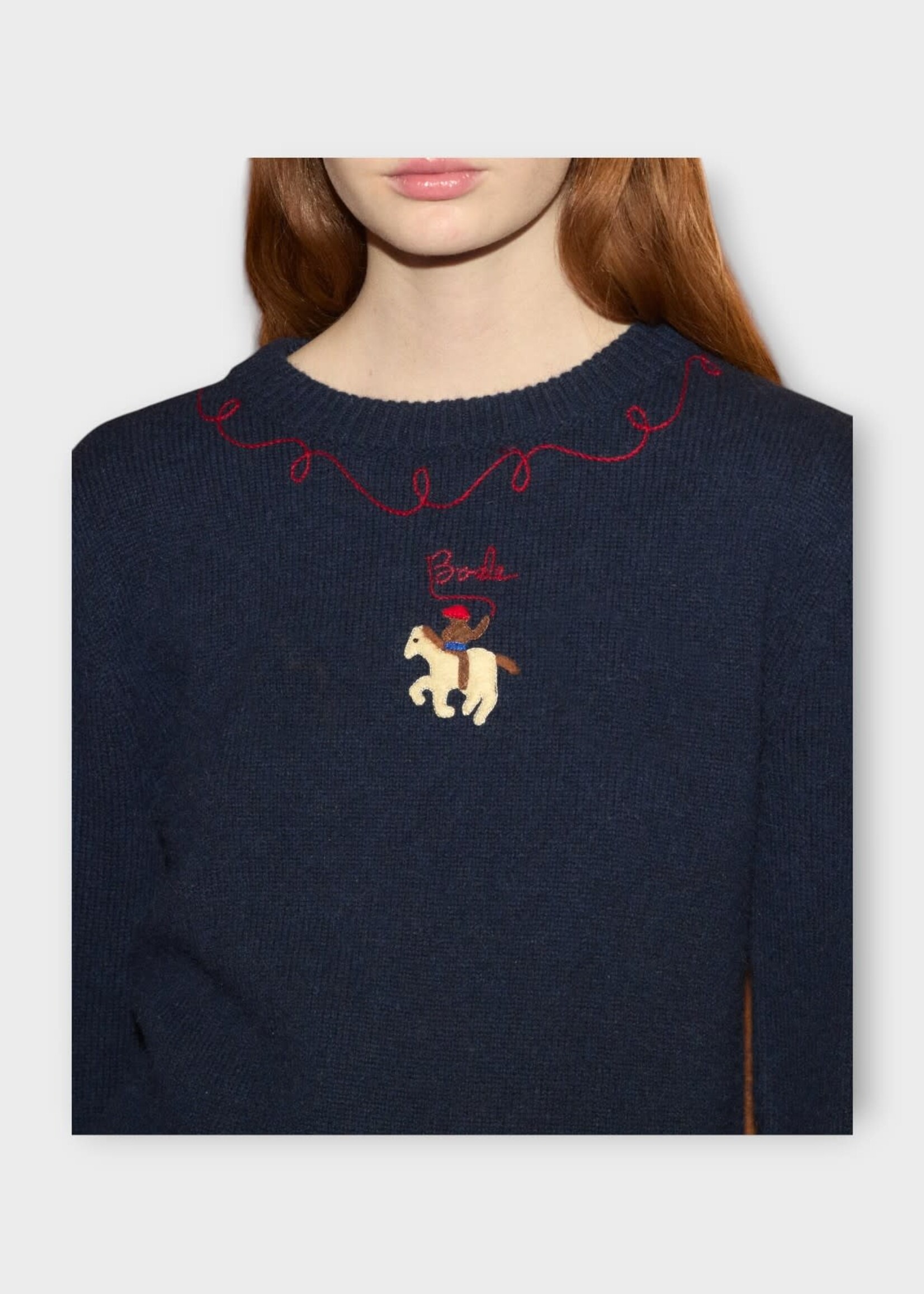 Bode Bode Knitwear, Navy, Alpaca Long Sleeve Crew Neck Pullover In Navy w/ Cowboy Embroidery