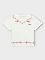 Bode Bode T-Shirt, White, Cotton Lasso Crew Neck T-Shirt In Cream w/ Red Embroidery