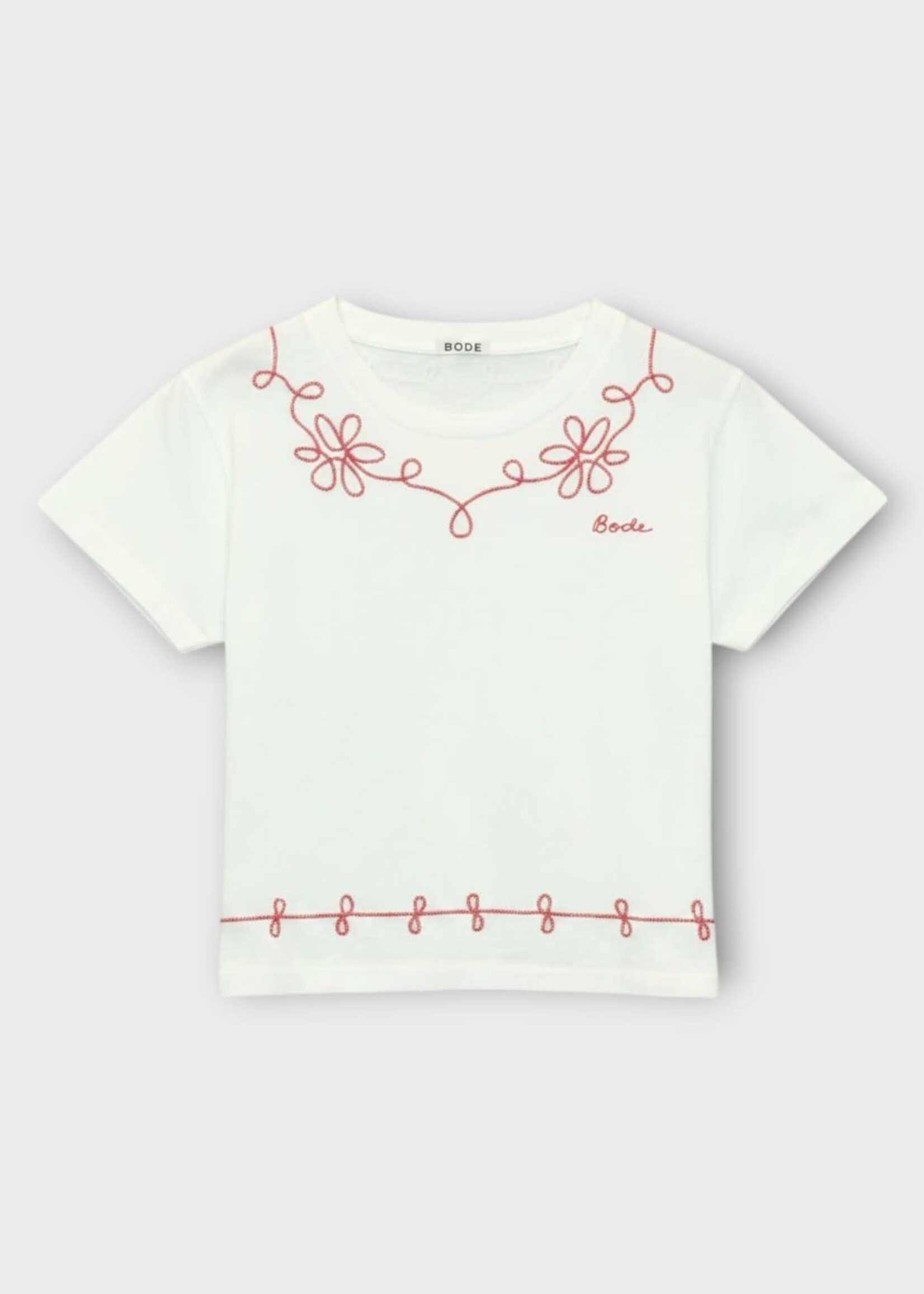 Bode Bode T-Shirt, White, Cotton Lasso Crew Neck T-Shirt In Cream w/ Red Embroidery