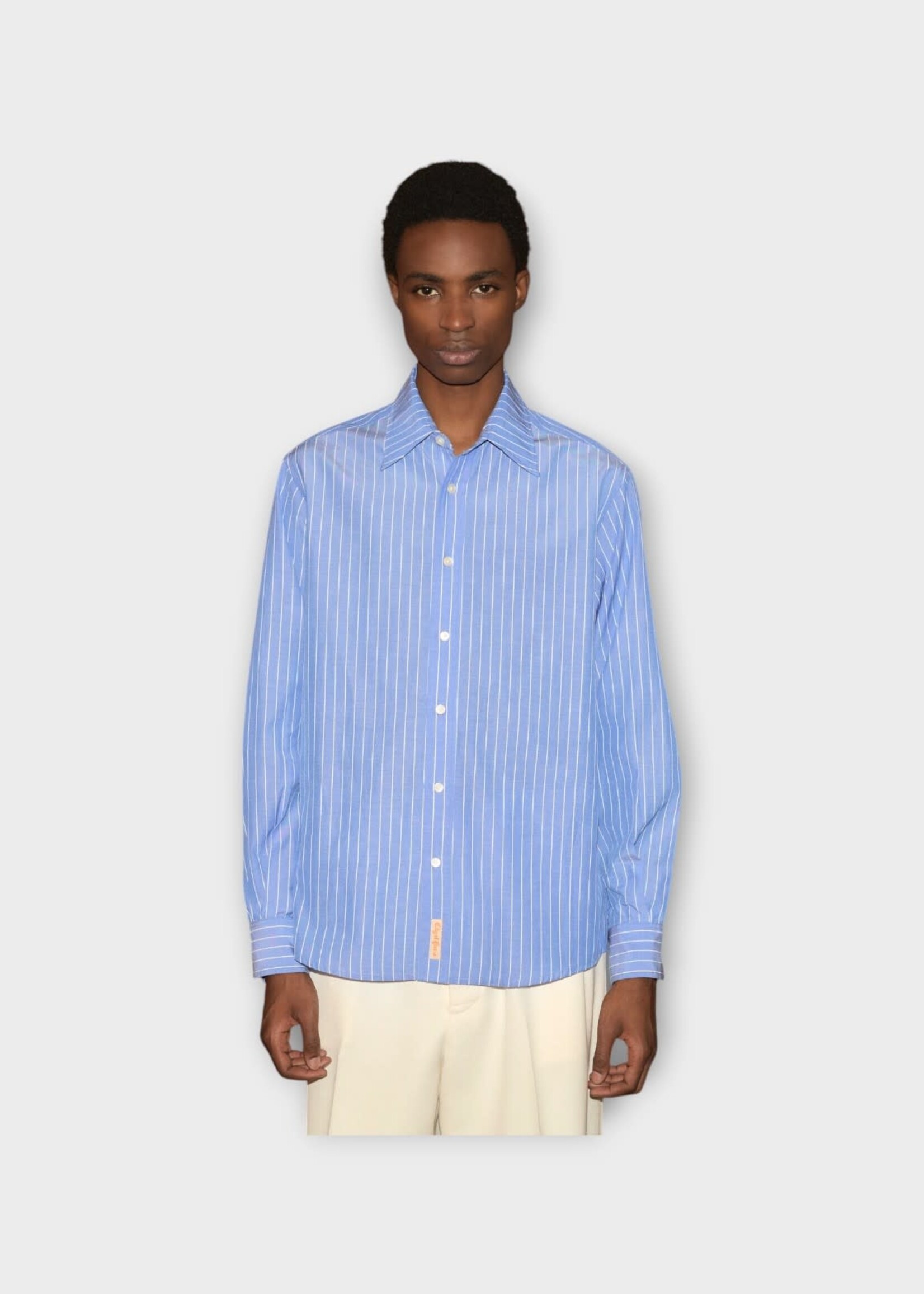 Bode Bode Shirt, Blue, Cotton Bluebell Long Sleeve Shirt In Blue Cream